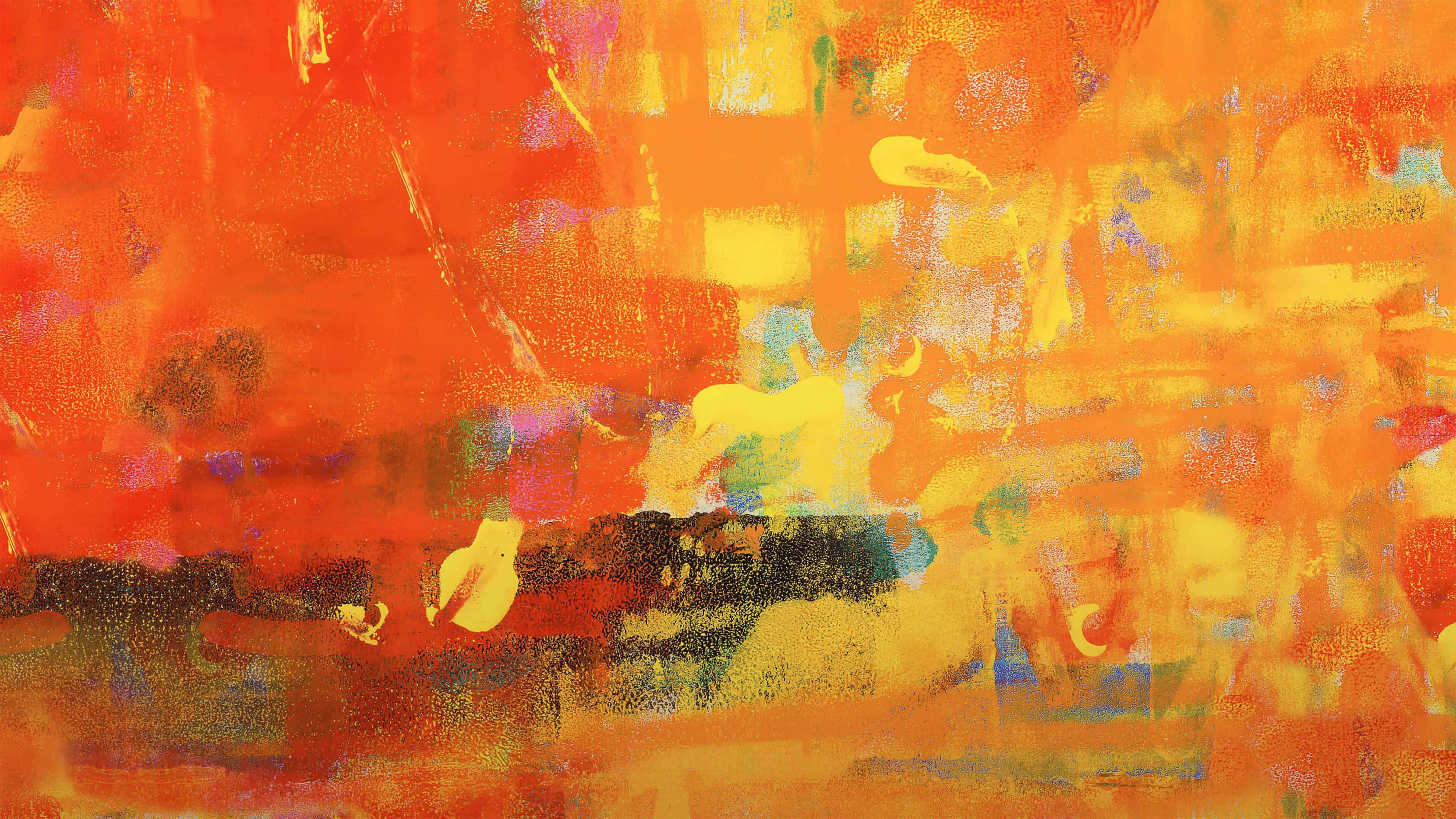 Painting 桌布 壁紙 — 充滿活力的抽象畫，大膽的橙色、黃色和黑色筆觸營造出充滿能量的紋理混亂。