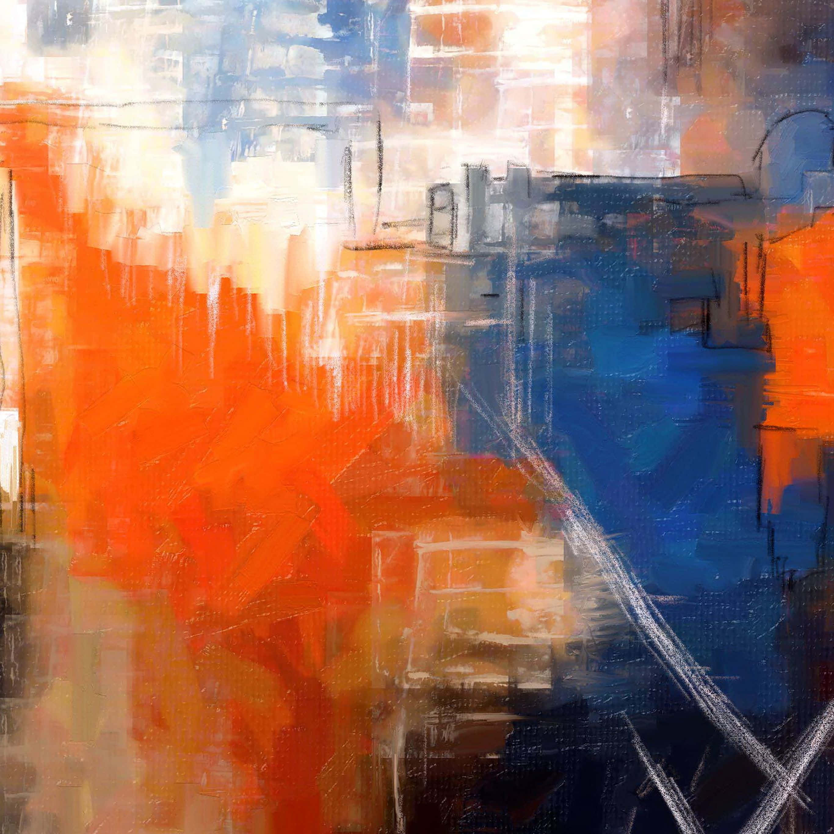 Painting 桌布 壁紙 — 充滿活力的抽象畫，大膽的橙色和藍色筆觸層疊在帶紋理的白色和灰色背景上。