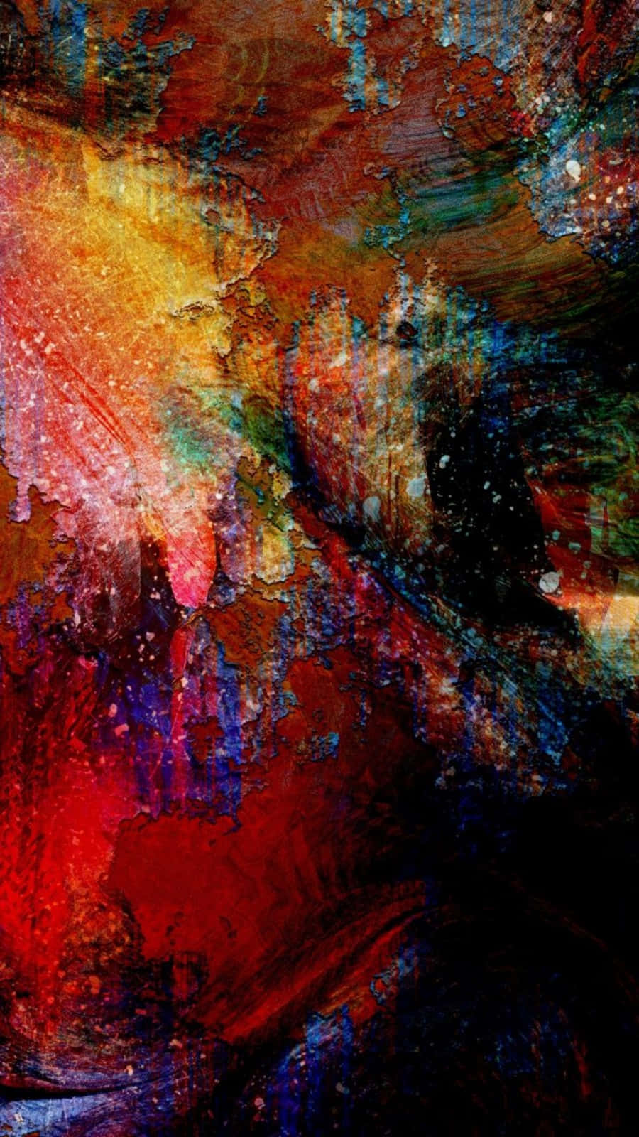 Painting 桌布 壁紙 — 充滿活力的抽象畫，大膽的紅色、黃色和深藍色在紋理混亂的運動中旋轉。