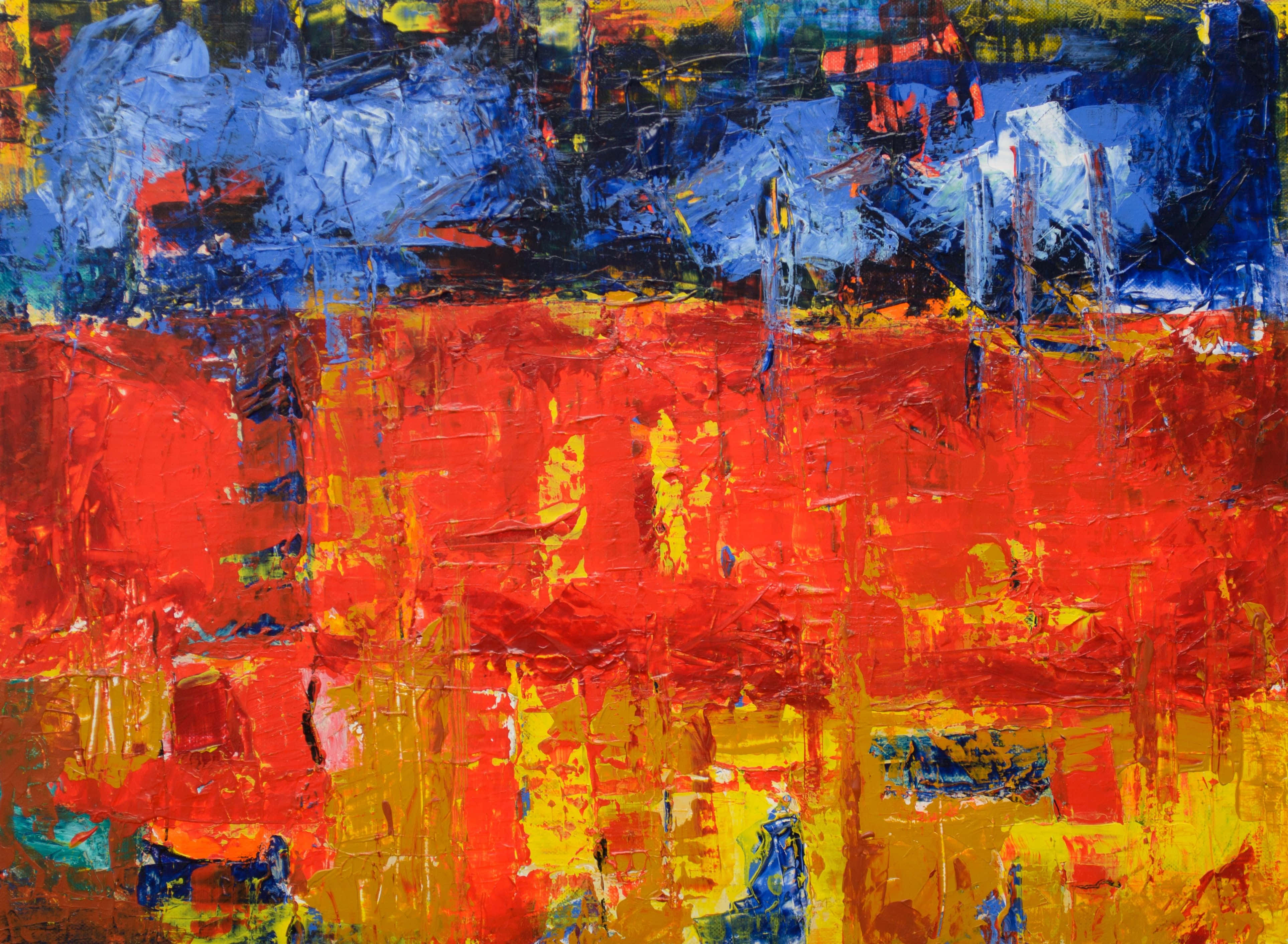 Expressionism 桌布 壁紙 — 充滿活力的抽象畫，大膽的紅色、黃色和藍色筆觸營造出動態的紋理構圖。