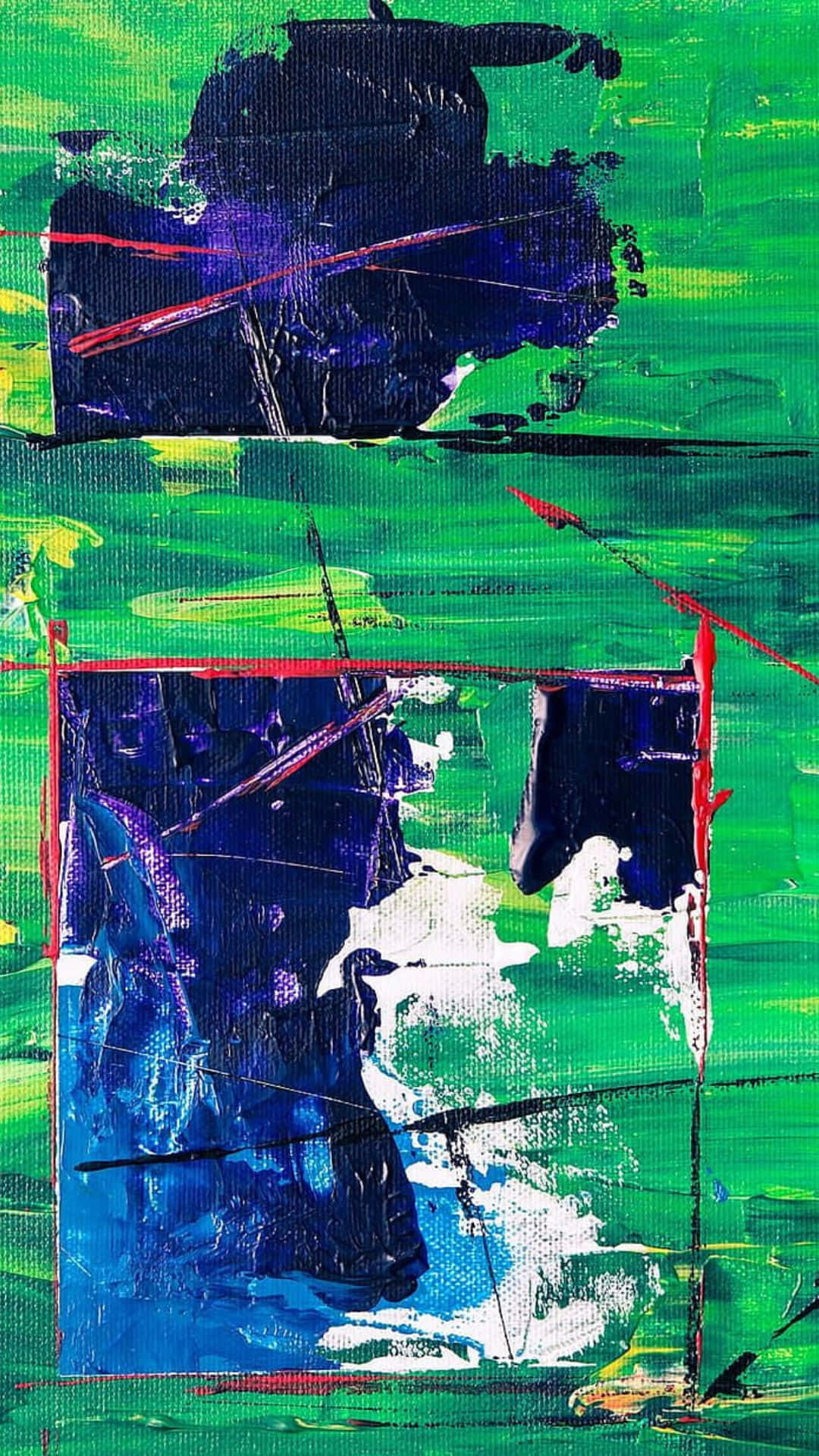 Expressionist 桌布 壁紙 — 充滿活力的抽象畫，大膽的綠色背景，紋理藍色形狀被紅色線條交錯。