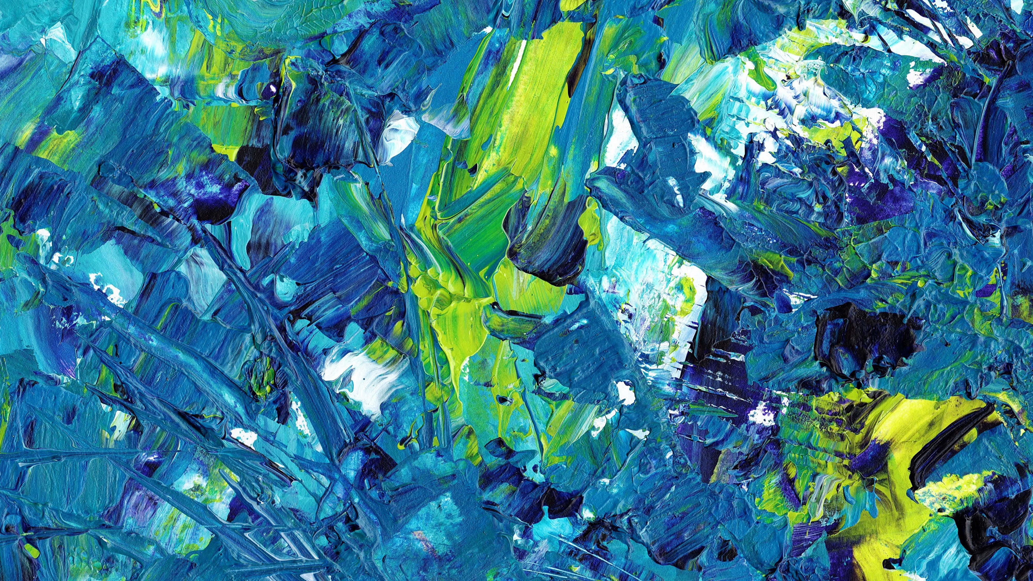 Painting 桌布 壁紙 — 充滿活力的抽象畫，大膽的藍色、綠色和黃色筆觸營造出動態的紋理能量。