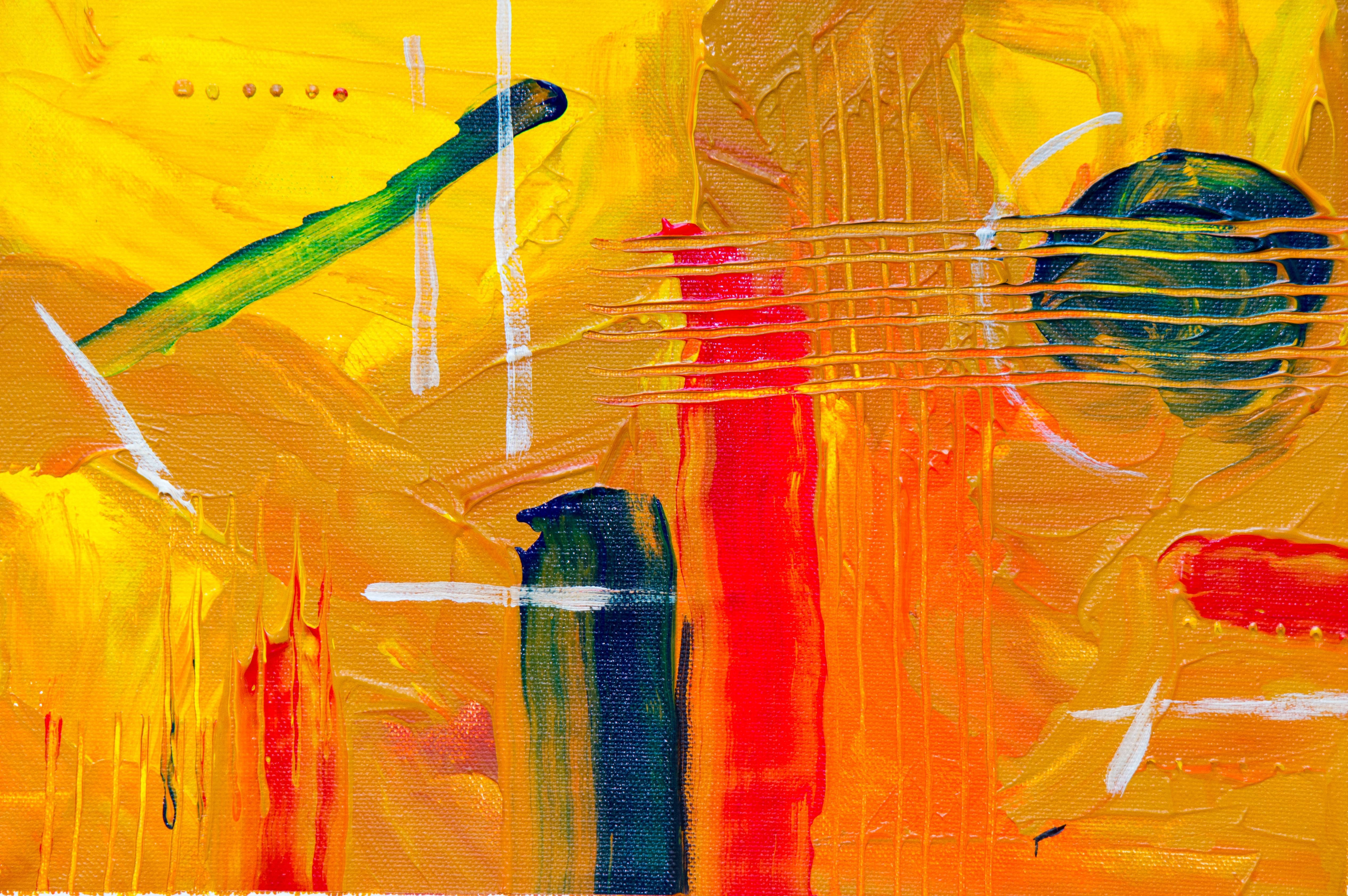 Painting 桌布 壁紙 — 充滿活力的抽象畫，大膽的黃色、橙色和紅色筆觸層疊在紋理畫布上。