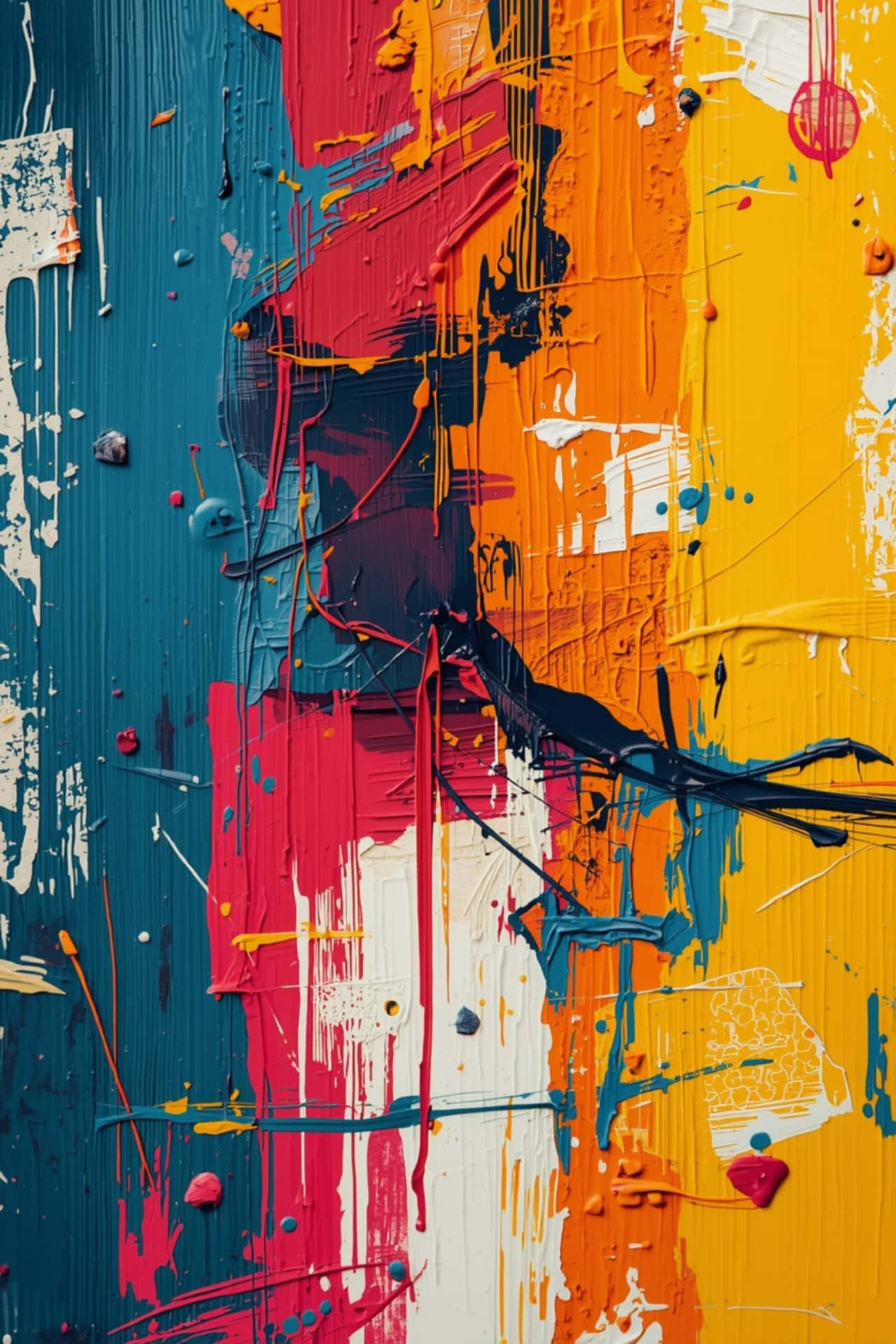 Colorful Abstract Modern Art Wallpaper 壁紙 — 充滿活力的抽象畫，帶有厚實紋理的筆觸，紅色、橙色、黃色、藍色和白色顏料在畫布上飛濺、滴落和分層。