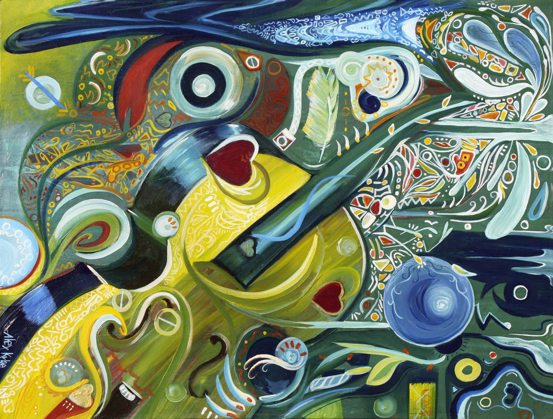 Expressionism 桌布 壁紙 — 充滿活力的抽象畫，帶有旋轉的綠色、黃色和藍色形狀及複雜圖案。