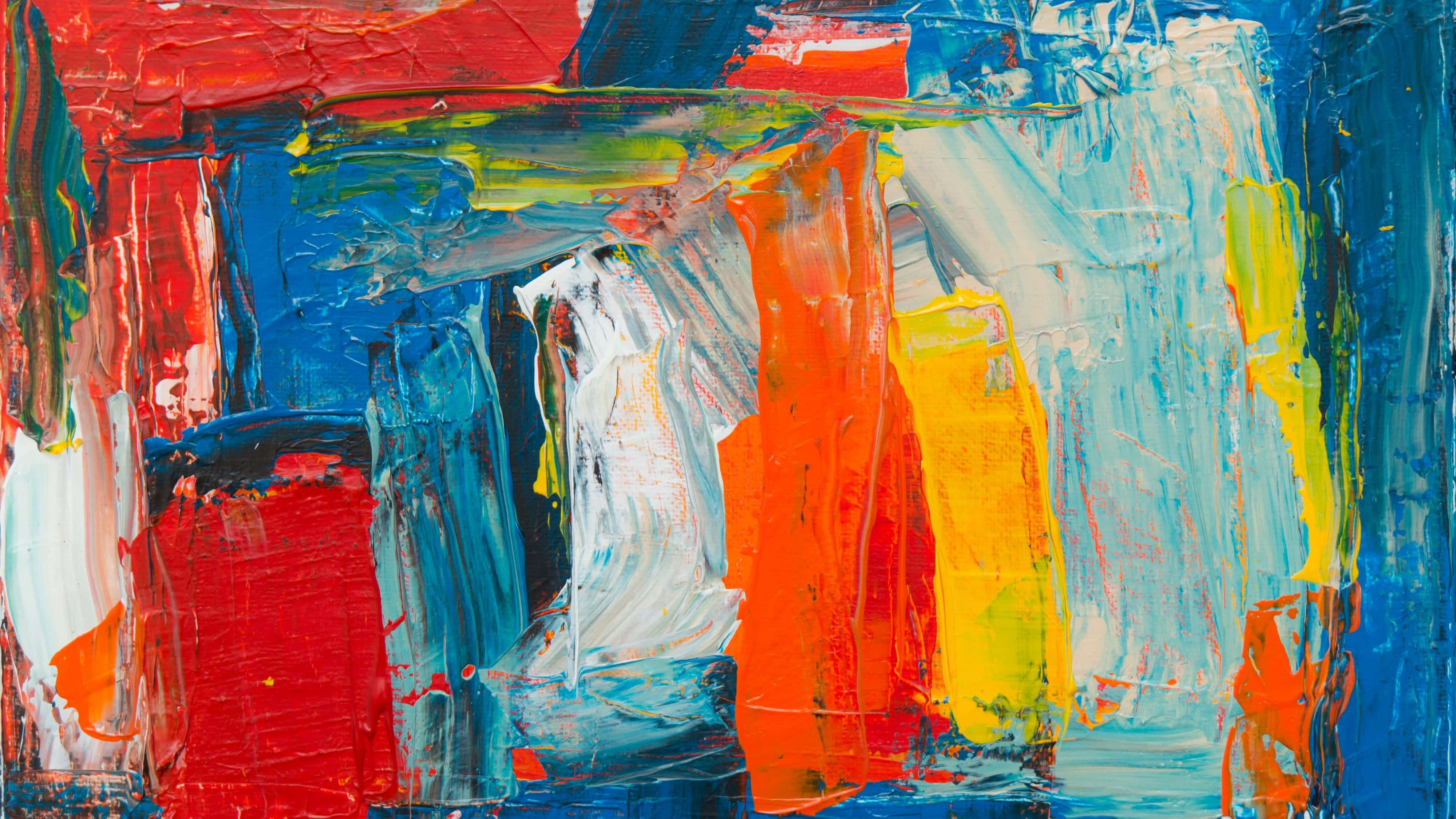 Paint Art 桌布 壁紙 — 充滿活力的抽象畫，帶有紅色、藍色、橙色和黃色的厚實紋理筆觸。