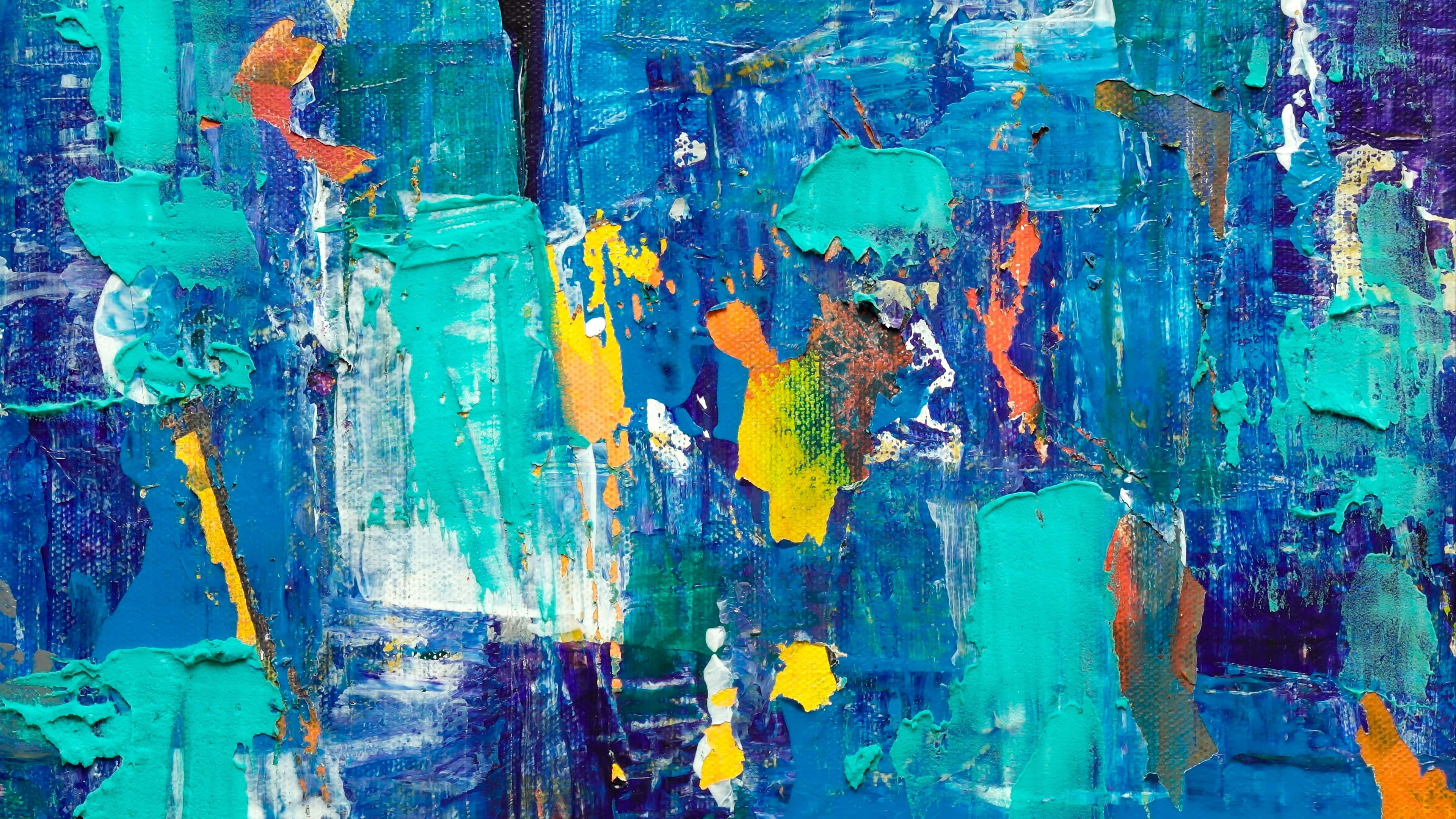 Oil Painting 桌布 壁紙 — 充滿活力的抽象畫，帶有藍色、藍綠色、黃色和橙色的厚實紋理筆觸。