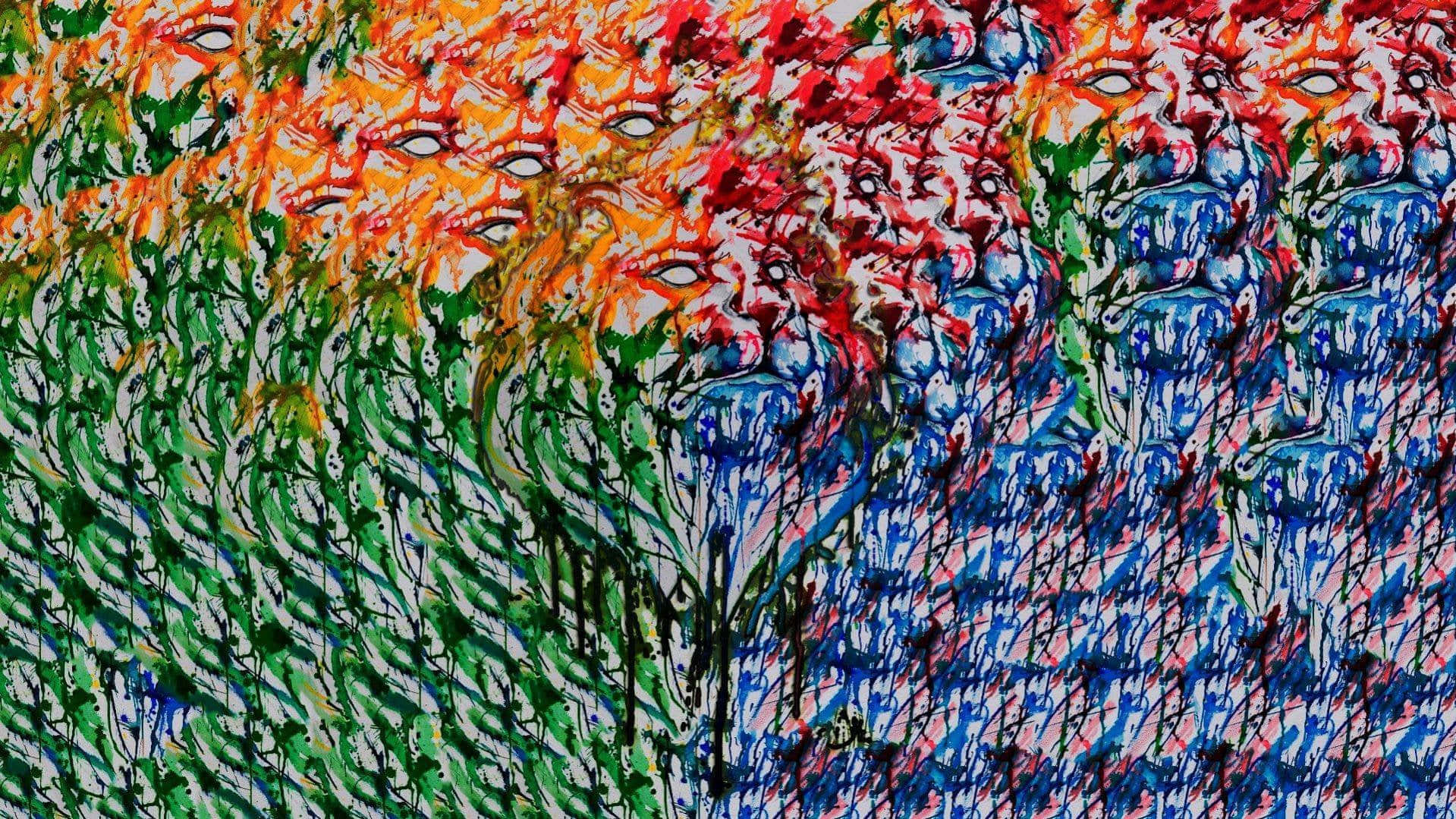 Magic Eye 桌布 壁紙 — 充滿活力的抽象畫，帶有重複的風格化面孔，呈現火熱的橙紅色和冷藍綠色調。