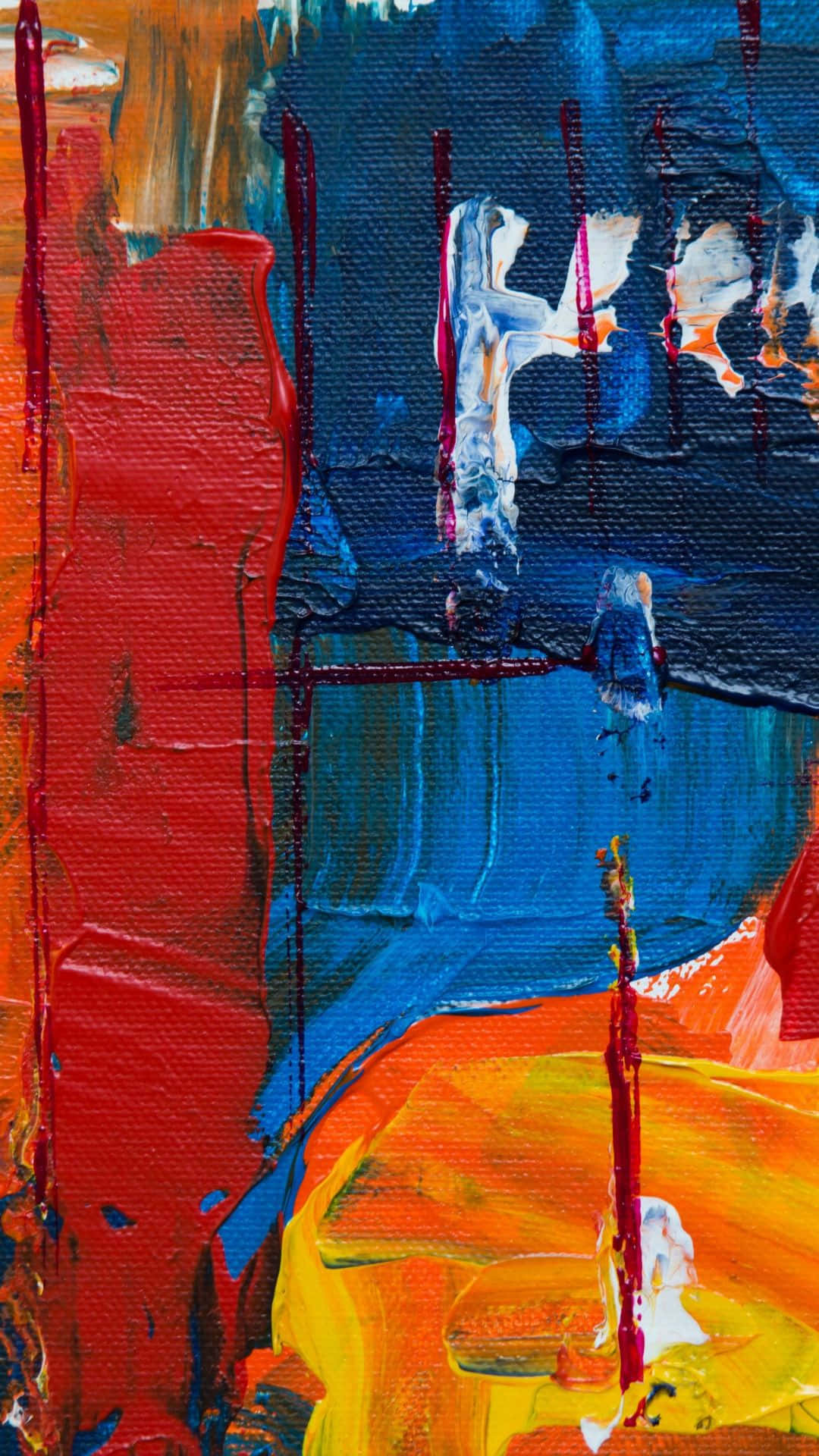 Painting 桌布 壁紙 — 充滿活力的抽象畫，帶有鮮明的紅橙色和藍色筆觸以及滴落的油漆紋理。