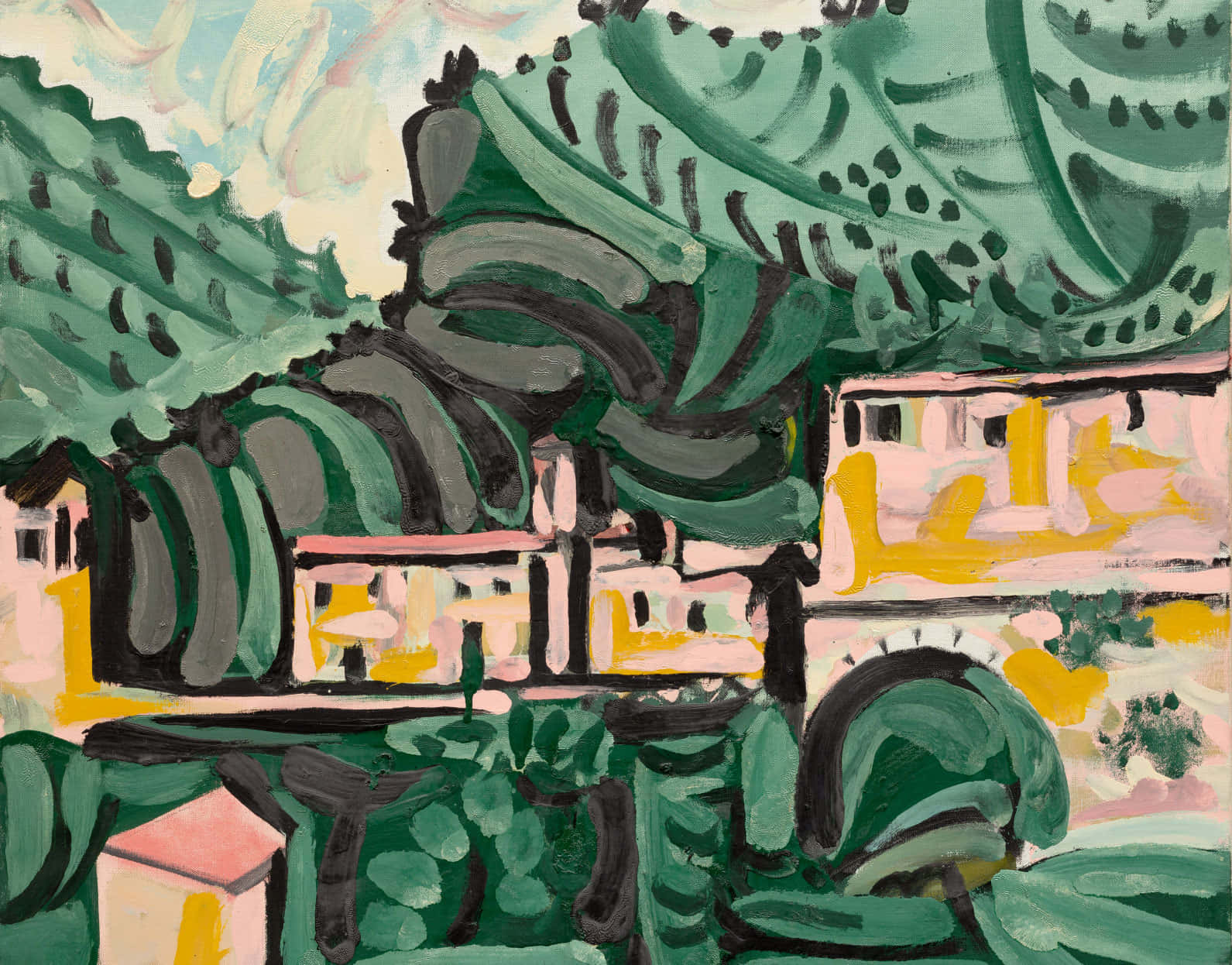 Picasso 桌布 壁紙 — 充滿活力的抽象畫，描繪了一個坐落在茂密綠樹中的村莊，帶有大膽的筆觸和溫暖的粉彩房屋。