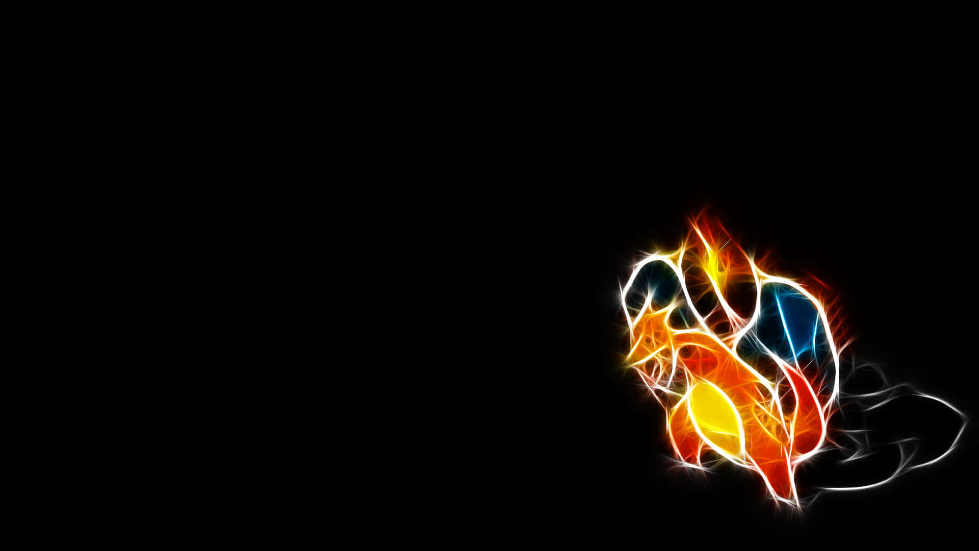Pokemon Charizard 桌布 壁紙 — 充滿活力的抽象碎形火焰，以橙色、黃色和藍色光芒在純黑背景上閃耀。