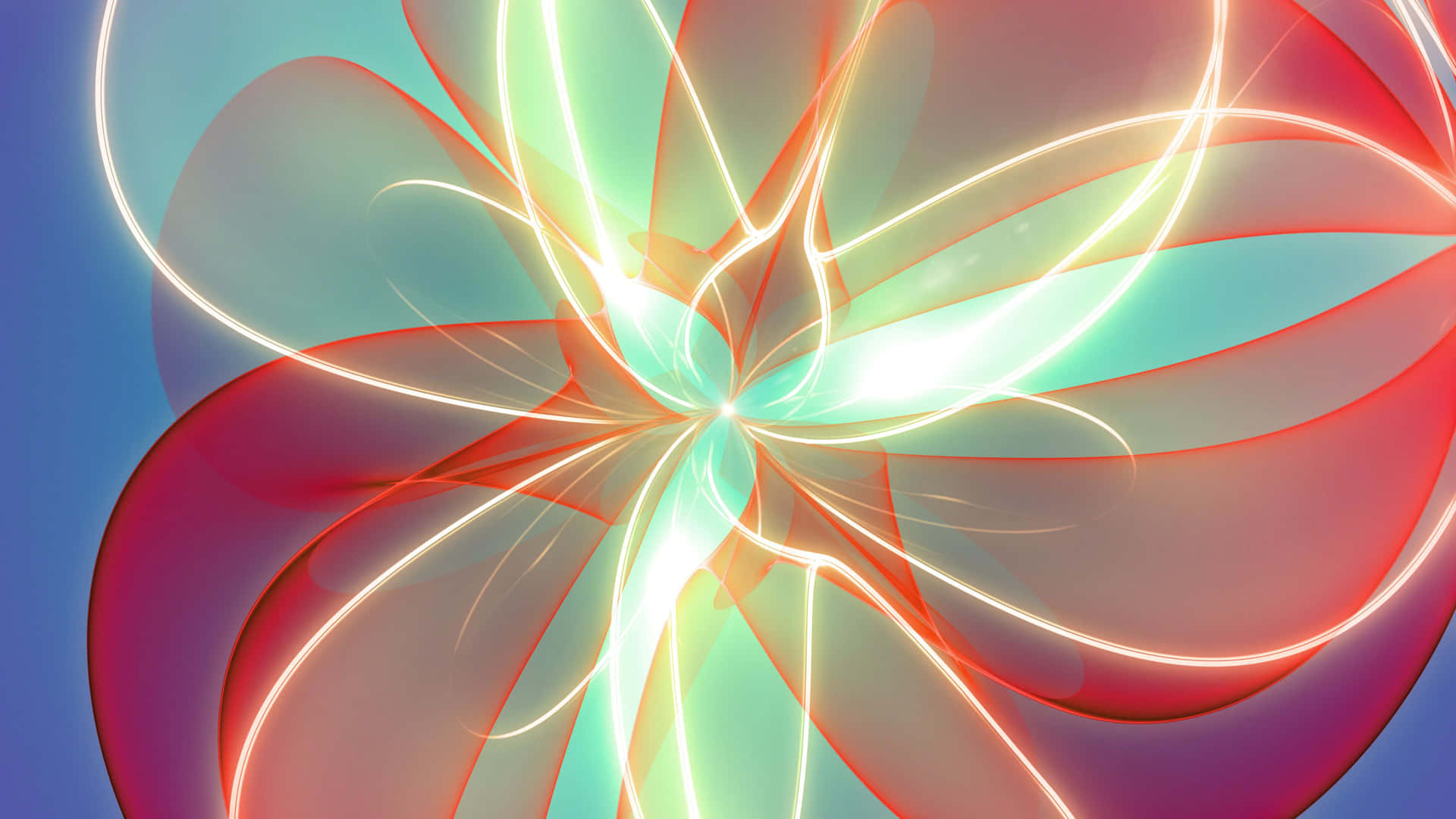 在藍色漸層背景上，帶有旋轉花瓣的發光霓虹碎形花朵。 — 影片 GIF 壁紙