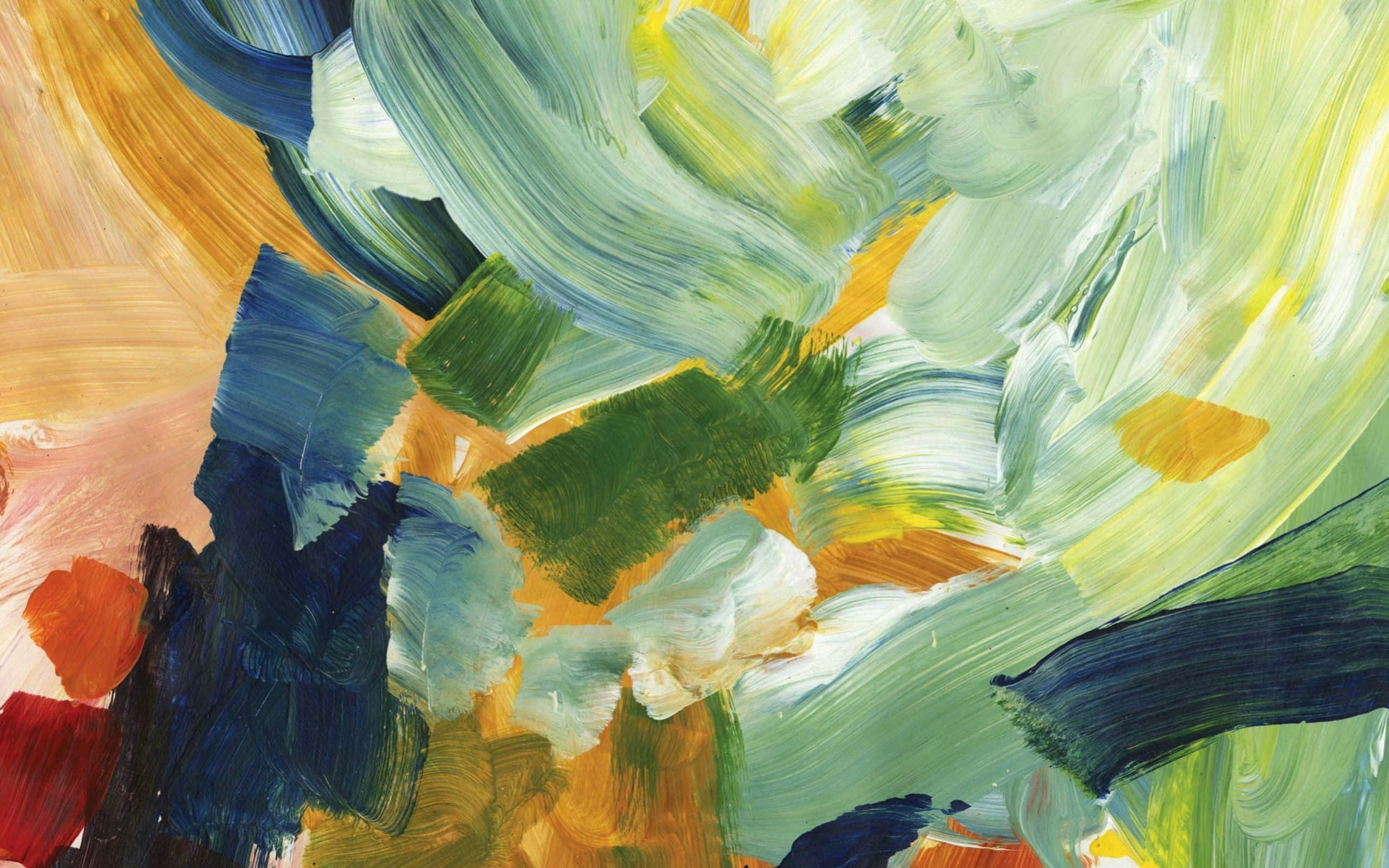 Yellow Painting 桌布 壁紙 — 充滿活力的抽象筆觸以大膽的綠色、藍色、黃色和紅色旋轉，創造出動態的紋理繪畫。