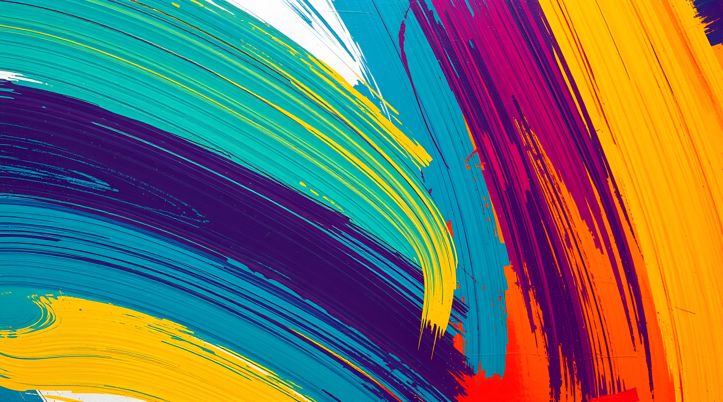 Painting 桌布 壁紙 — 充滿活力的抽象筆觸以大膽的藍綠色、紫色、黃色和橙色旋轉，營造出動感十足、充滿活力的構圖。