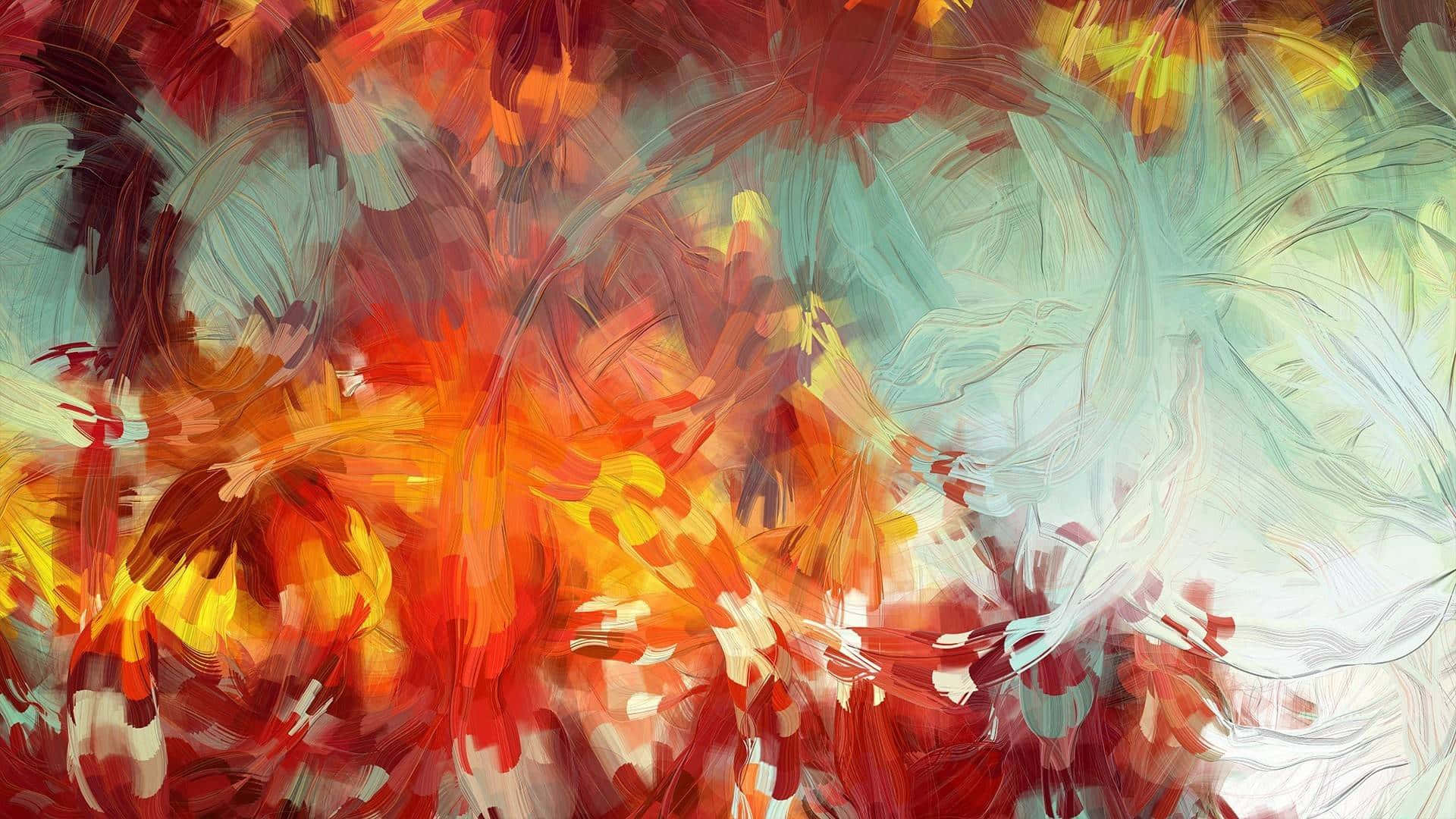Contemporary Art 桌布 壁紙 — 充滿活力的抽象筆觸以火紅、橙色和冷色調的青綠色旋轉，營造出動感十足、充滿活力的構圖。