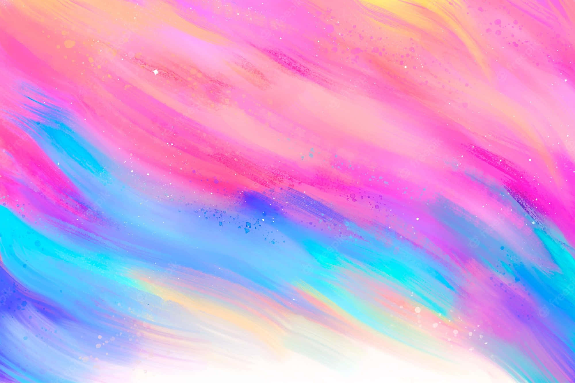 Colorful Abstract Art 桌布 壁紙 — 充滿活力的抽象筆觸在畫布上以粉紅、藍色和黃色的柔和色調旋轉，並帶有閃爍的斑點。