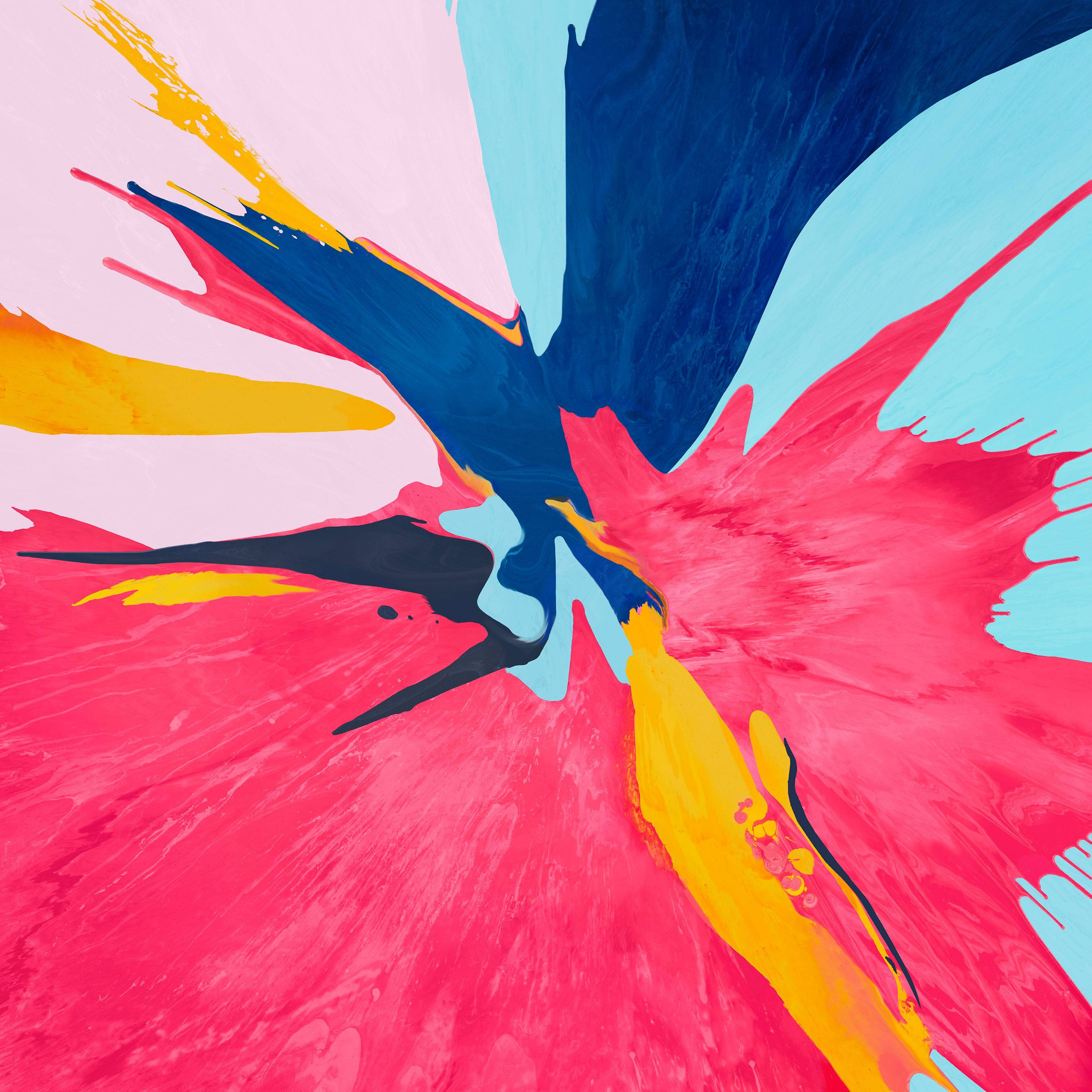 Paint Splash 桌布 壁紙 — 充滿活力的抽象筆觸在粉紅、藍、黃和黑色中爆發，營造出動感十足、充滿活力的構圖。