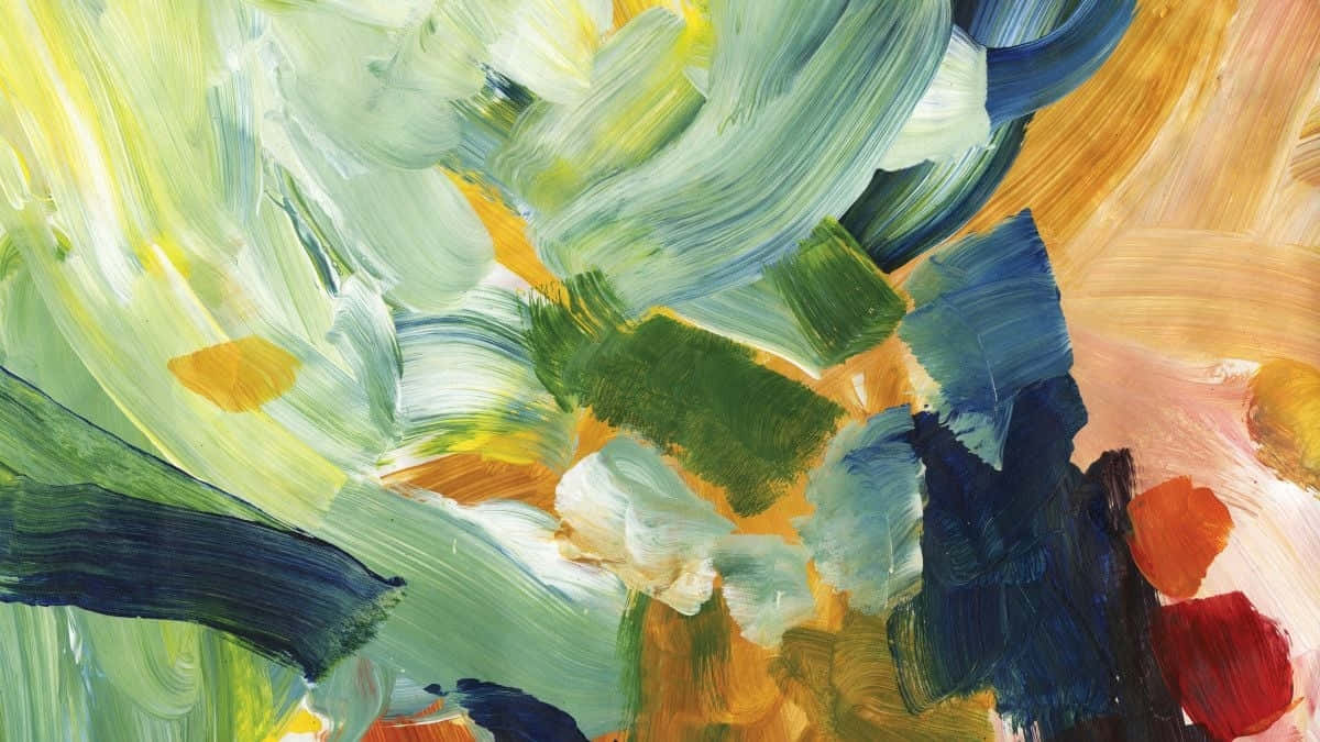 Yellow Painting 桌布 壁紙 — 充滿活力的抽象筆觸在綠色、藍色、黃色和紅色中旋轉，創造出動態的紋理繪畫。