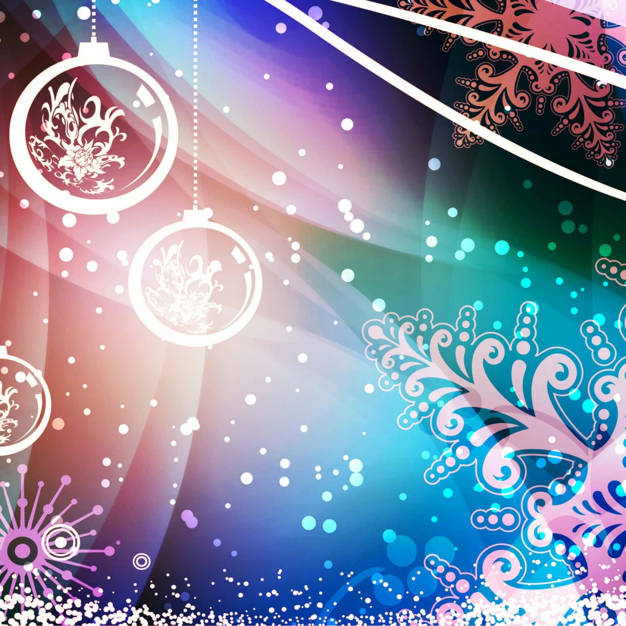 iPad Christmas 桌布 壁紙 — 充滿活力的抽象節日桌布，帶有發光的裝飾品、雪花和彩色漸變背景。
