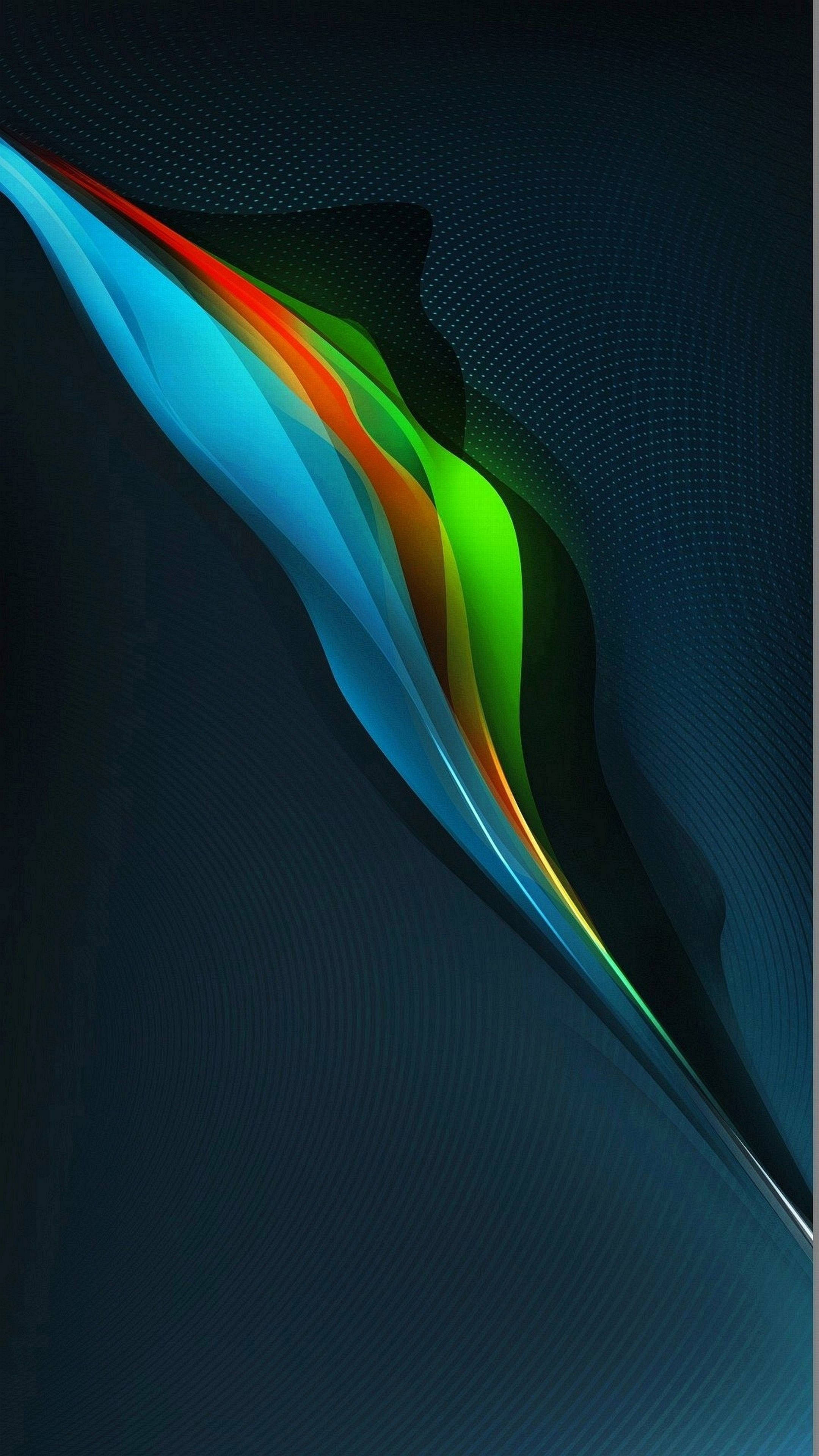 Note 10 桌布 壁紙 — 充滿活力的抽象絲帶，藍色、綠色、橙色和紅色，在深藍色紋理背景上對角流動。