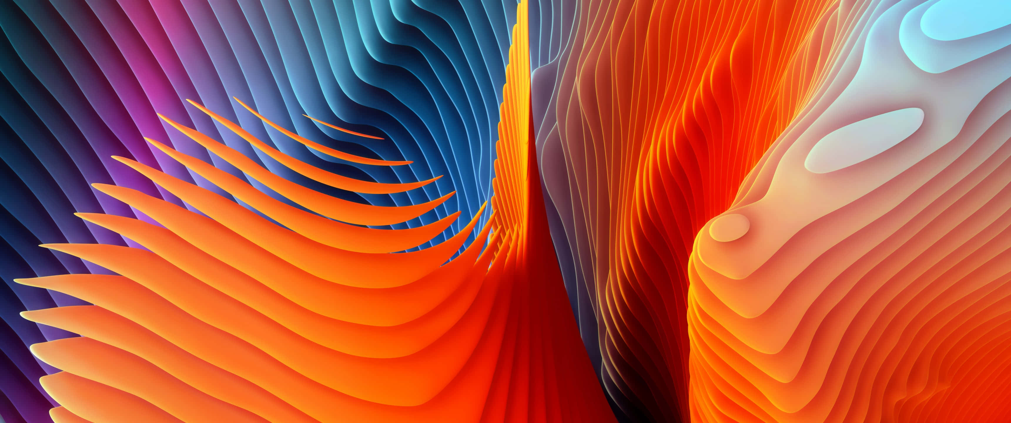 Colorful Abstract 桌布 壁紙 — 充滿活力的抽象色彩波浪以動態曲線流動，從深藍色到火熱的橙色和柔和的白色。