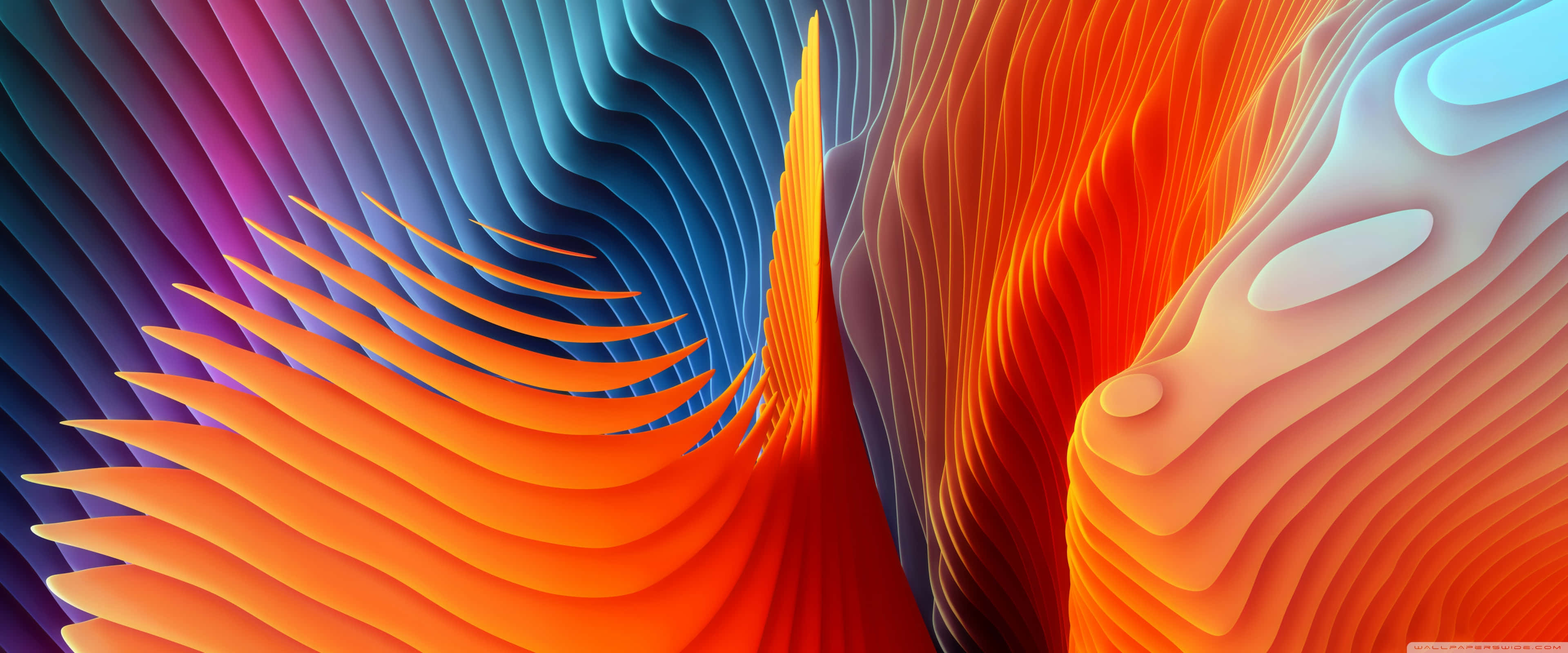 Apple 3840x1600 桌布 壁紙 — 充滿活力的抽象色彩波浪以動態曲線從深藍色流動到熾熱的橙色，創造出迷人的數位景觀。