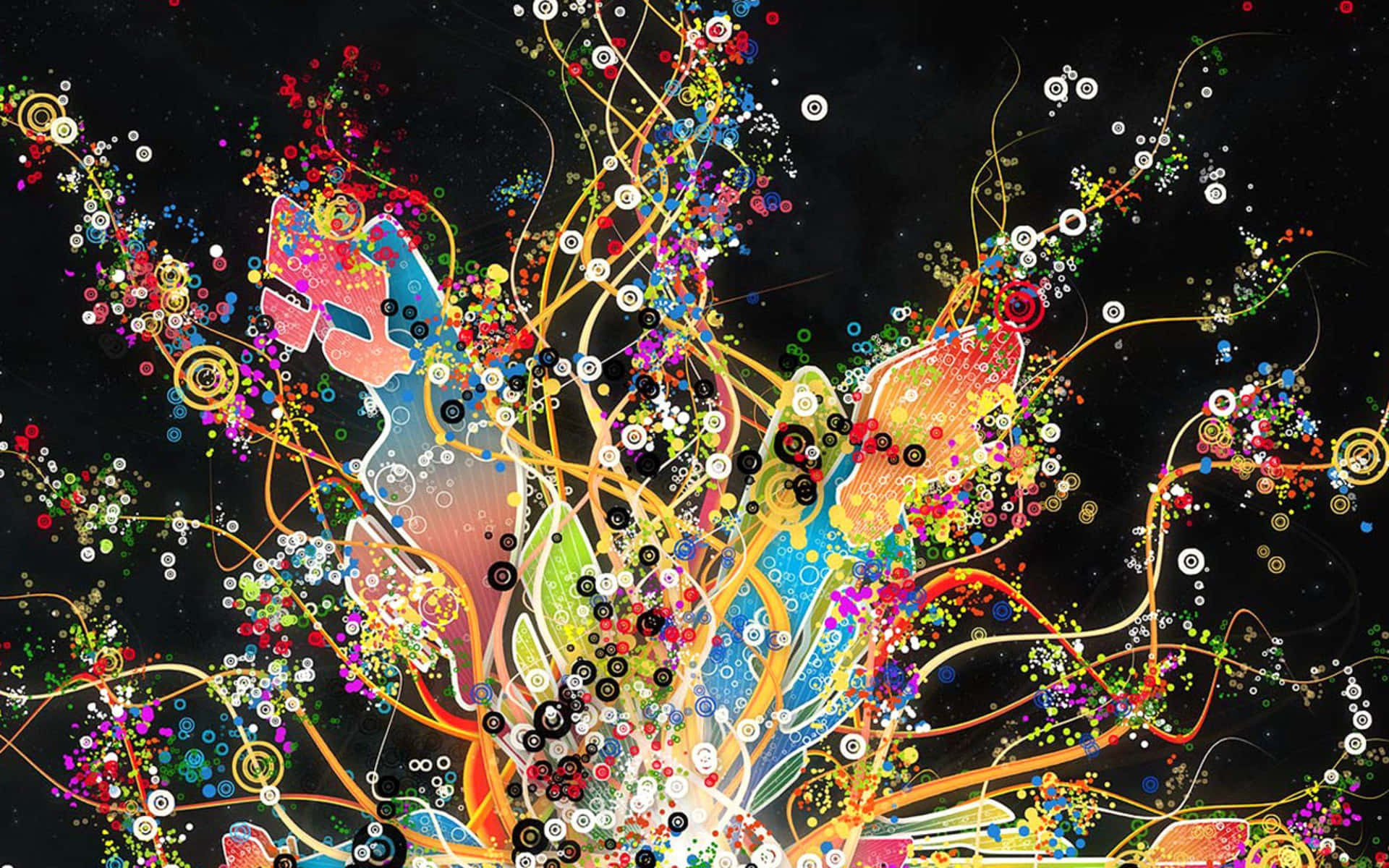 Trippy Fractals 桌布 壁紙 — 充滿活力的抽象色彩漩渦在黑色背景上爆發，構成動態的數位藝術作品。