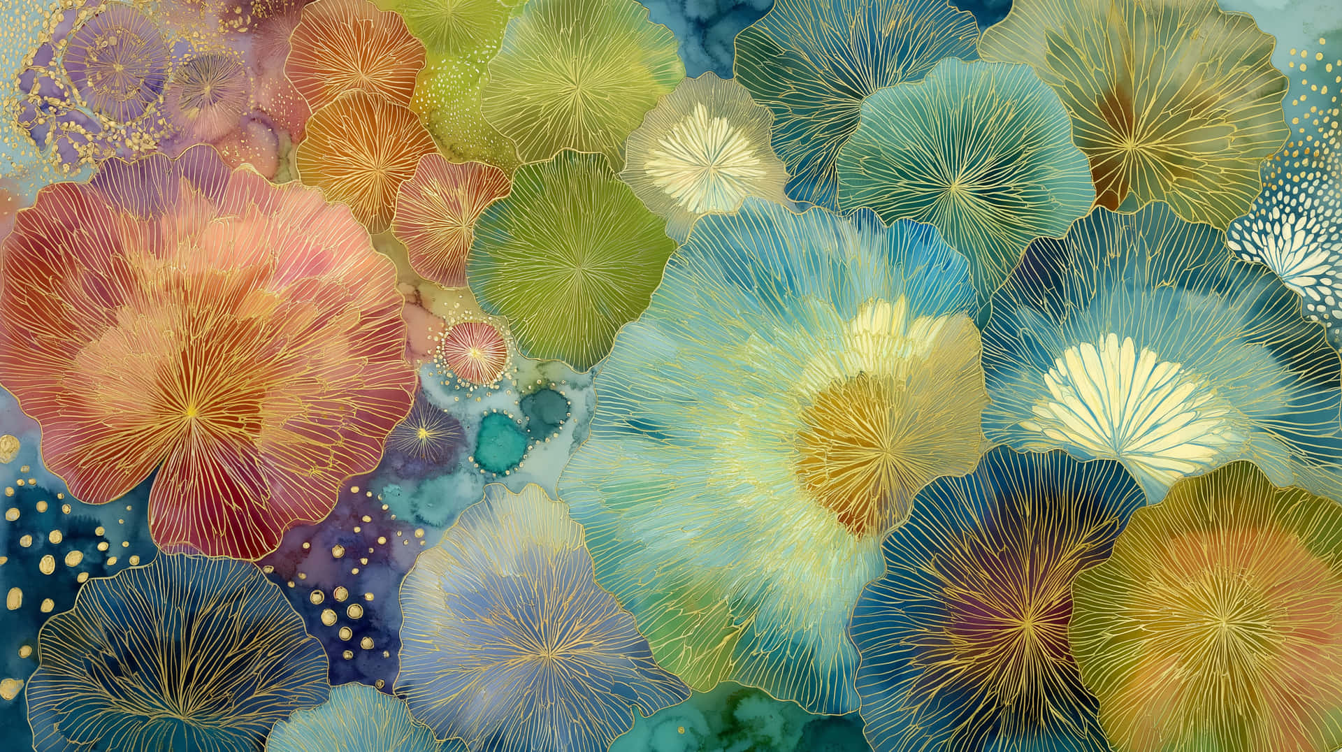 Abstract Botanical Art with Gold Accents and Organic Forms 壁紙 — 充滿活力的抽象花卉圖案，以青綠色、金色、珊瑚色和薰衣草色的絢麗色調在紋理水彩畫布上綻放。