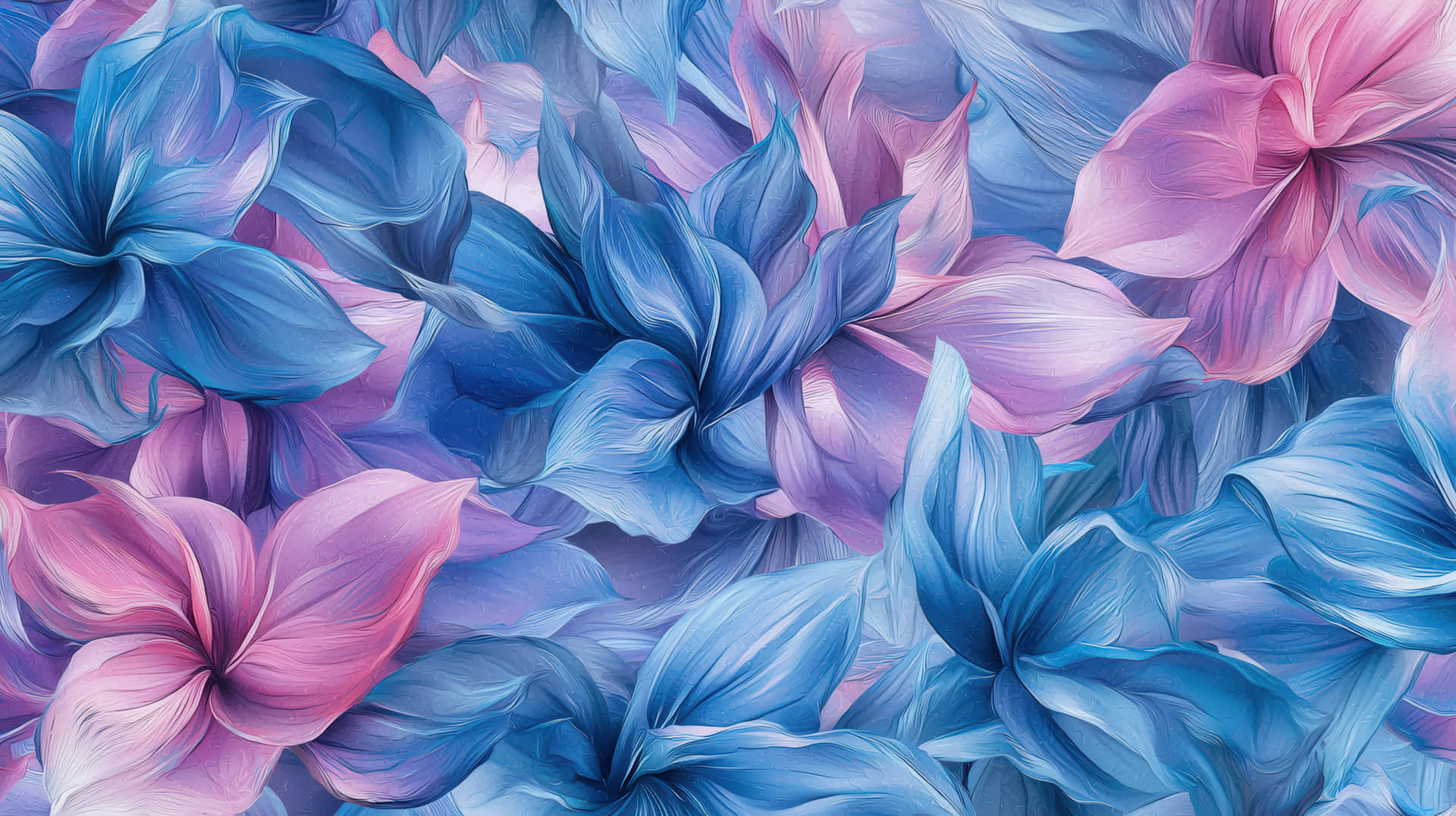 Vibrant Digital Painting of Abstract Blue and Pink Flowers in Soft Textures 壁紙 — 充滿活力的抽象花卉圖案，帶有旋轉的藍色和粉紅色花瓣，採用繪畫般的數位風格。