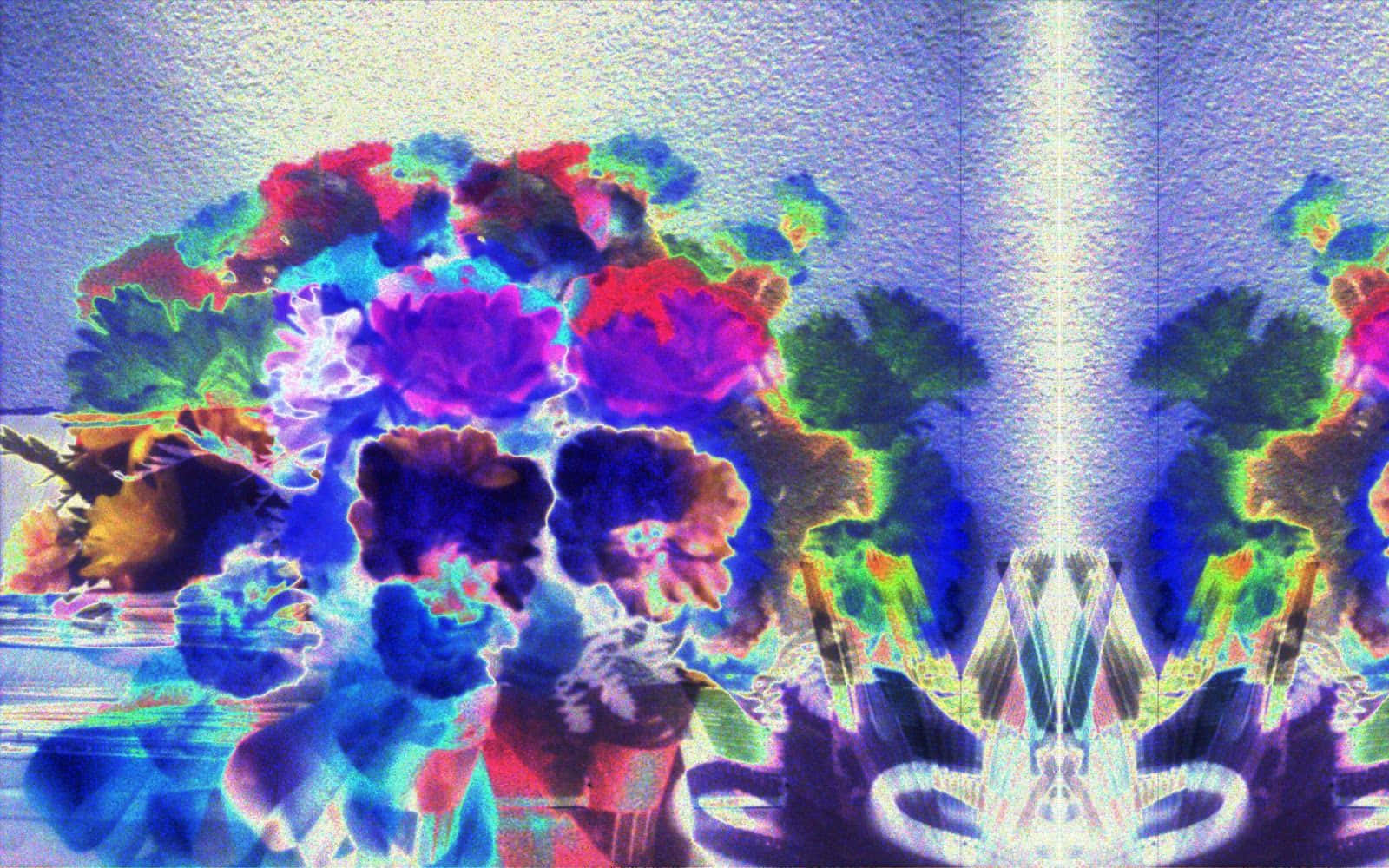 Dope Trippy 桌布 壁紙 — 充滿活力的抽象花卉形態在帶有紋理的藍色背景上散發電光色調，並以中央光束對稱鏡像。