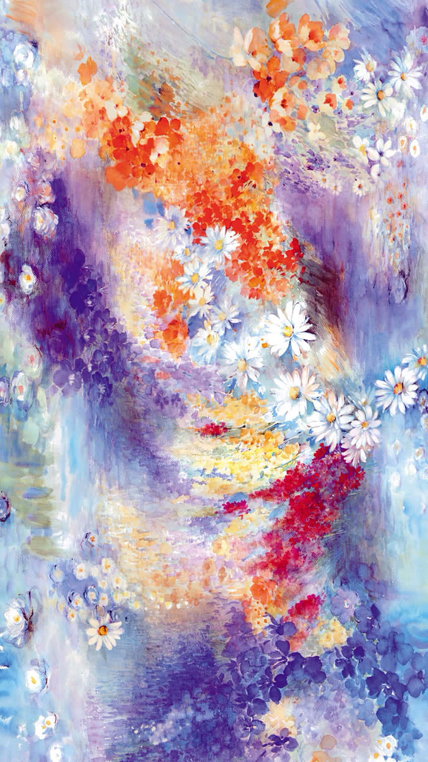 桌布 壁紙 — 充滿活力的抽象花卉畫，雛菊和橙色、紫色和紅色的潑濺在紋理畫布上。