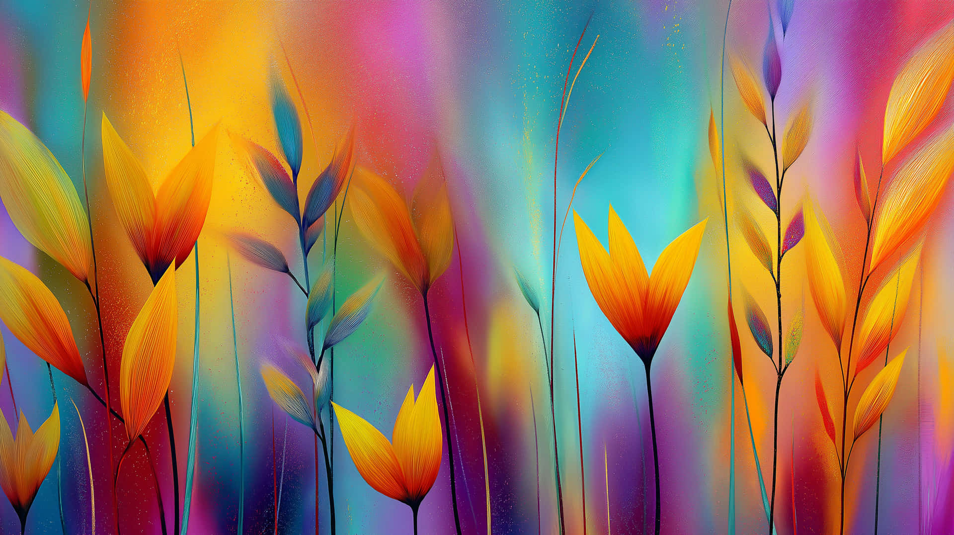 Abstract Floral Arrangement with Dynamic Composition 壁紙 — 充滿活力的抽象花朵，以橙色、黃色和紫色綻放，背景是藍綠色、粉紅色和金色的漸變天空。