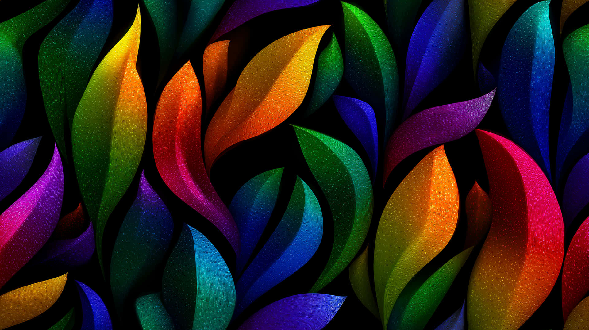 Rainbow Abstract Leaves Seamless Pattern Art Nouveau 壁紙 — 充滿活力的抽象葉形在彩虹色調中流動，背景為帶有細微紋理的黑色。