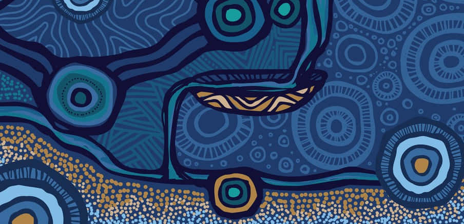 Indigenous 桌布 壁紙 — 充滿活力的抽象藝術作品，具有旋轉的藍色圖案和帶金色點綴的同心圓。