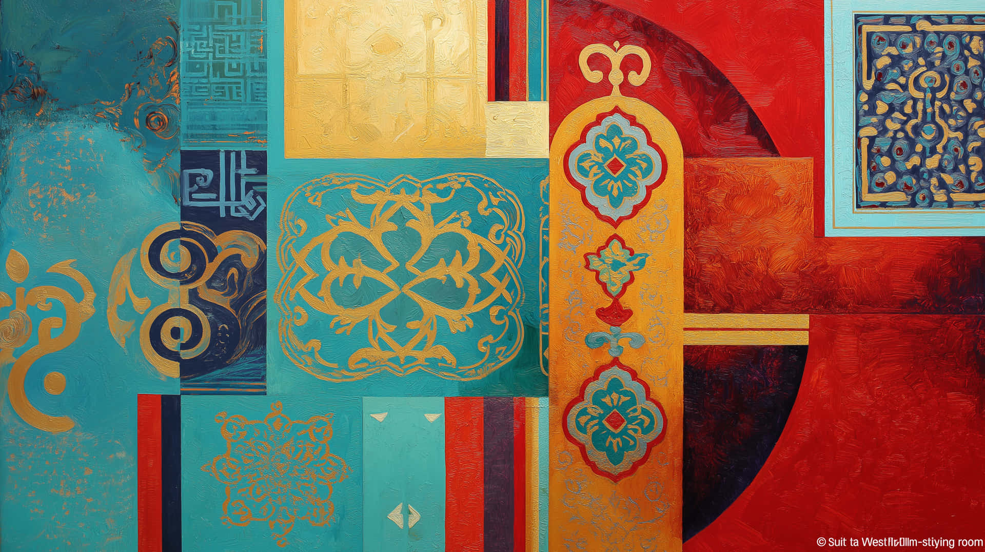 Dynamic Abstract Art with Moroccan and Mughal Inspired Patterns 壁紙 — 充滿活力的抽象藝術作品，在青綠色、紅色和橙色背景上具有大膽的幾何形狀和複雜的金色圖案。