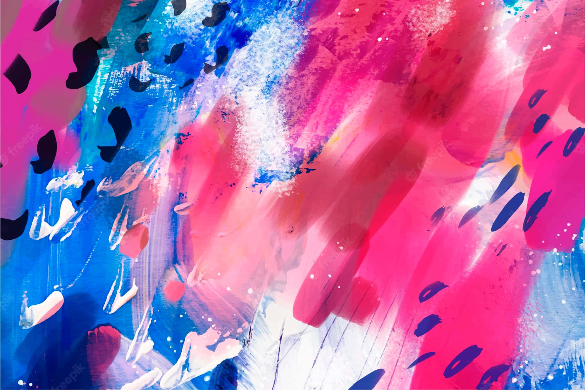 Colorful Abstract Art 桌布 壁紙 — 充滿活力的抽象藝術作品，大膽的粉紅色、藍色和白色筆觸以及黑色潑濺，營造出動態能量。