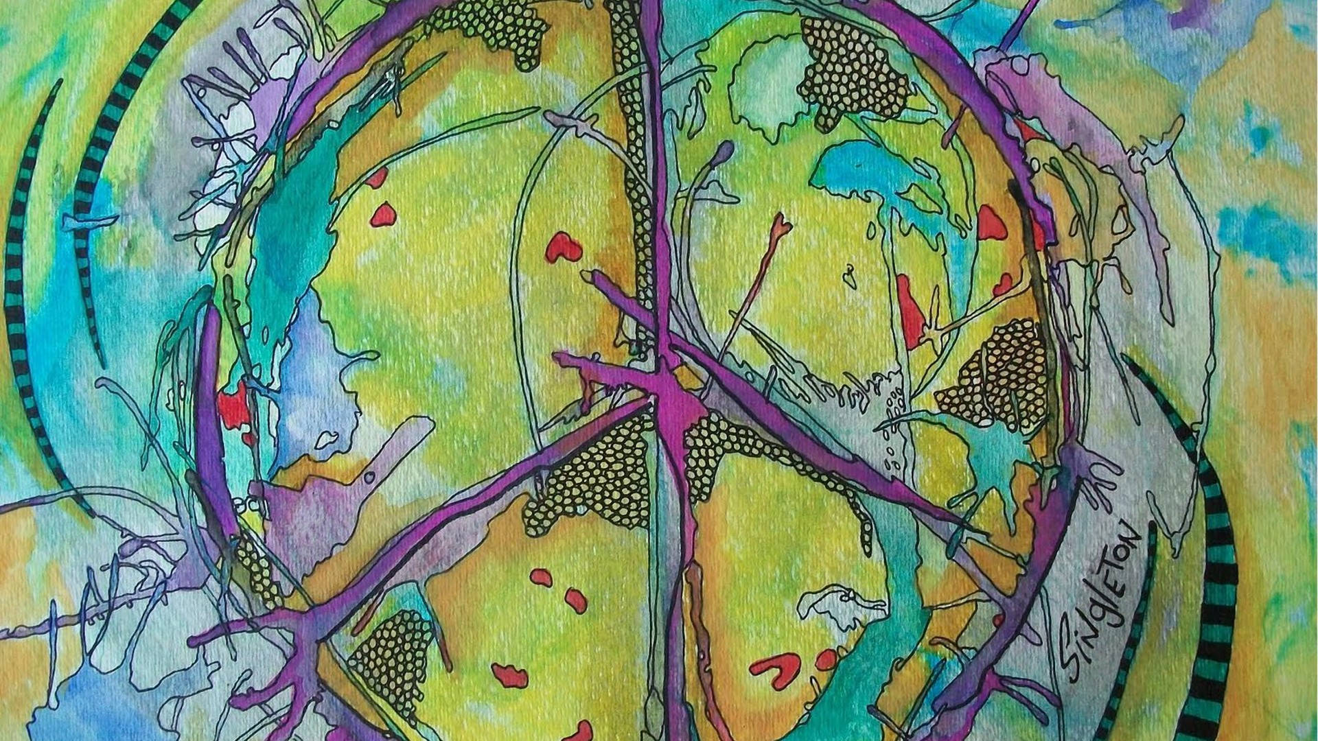 Peace Symbol 桌布 壁紙 — 充滿活力的抽象藝術作品，帶有旋轉的紫色線條、紋理化的綠色、黃色和藍色洗滌，以及散落的紅色點綴。