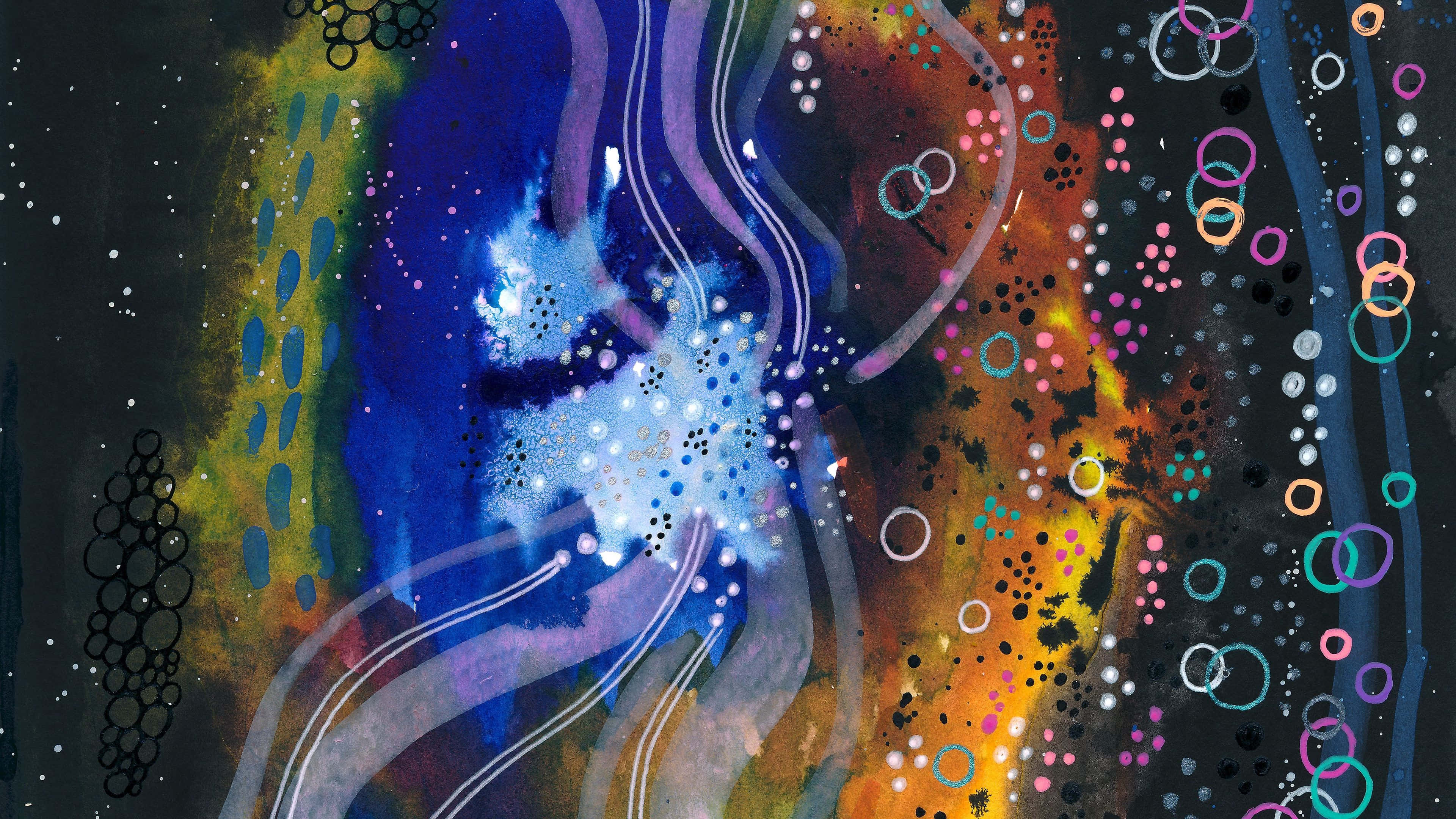 Abstraction 桌布 壁紙 — 充滿活力的抽象藝術作品，帶有漩渦般的宇宙色彩和發光的圓圈，背景為深色。