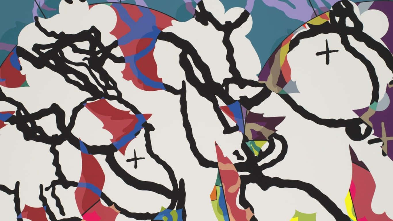 Kaws Artwork 桌布 壁紙 — 充滿活力的抽象藝術作品，帶有粗黑線條和色彩繽紛的碎片形狀，背景為淺色。