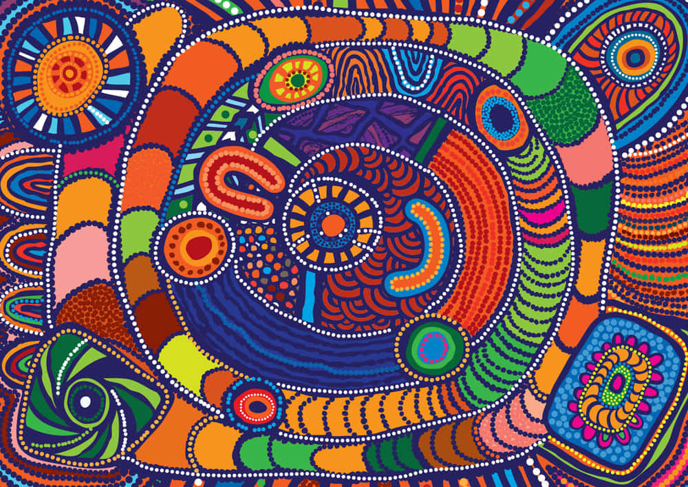 Indigenous 桌布 壁紙 — 充滿活力的抽象藝術作品，採用大膽色彩呈現漩渦圖案和同心圓，並帶有圓點細節。