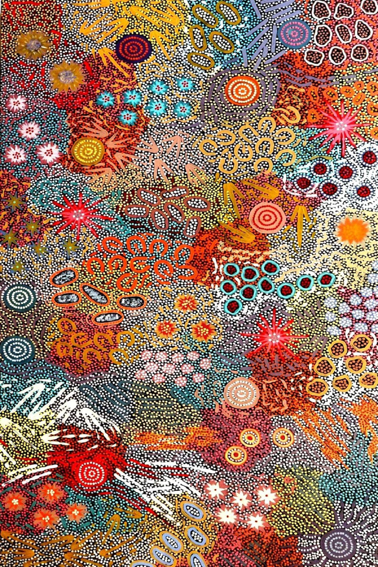 藝術 桌布 壁紙 — 充滿活力的抽象藝術作品，由彩色圓點圖案組成，形成漩渦形狀和花卉圖案。