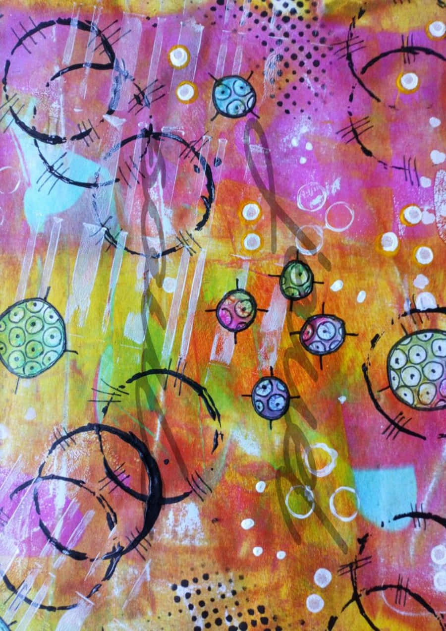 Mixed Media 桌布 壁紙 — 充滿活力的抽象藝術品，在粉紅、橙色和黃色的漸變背景上，帶有色彩繽紛的圓圈和塗鴉。