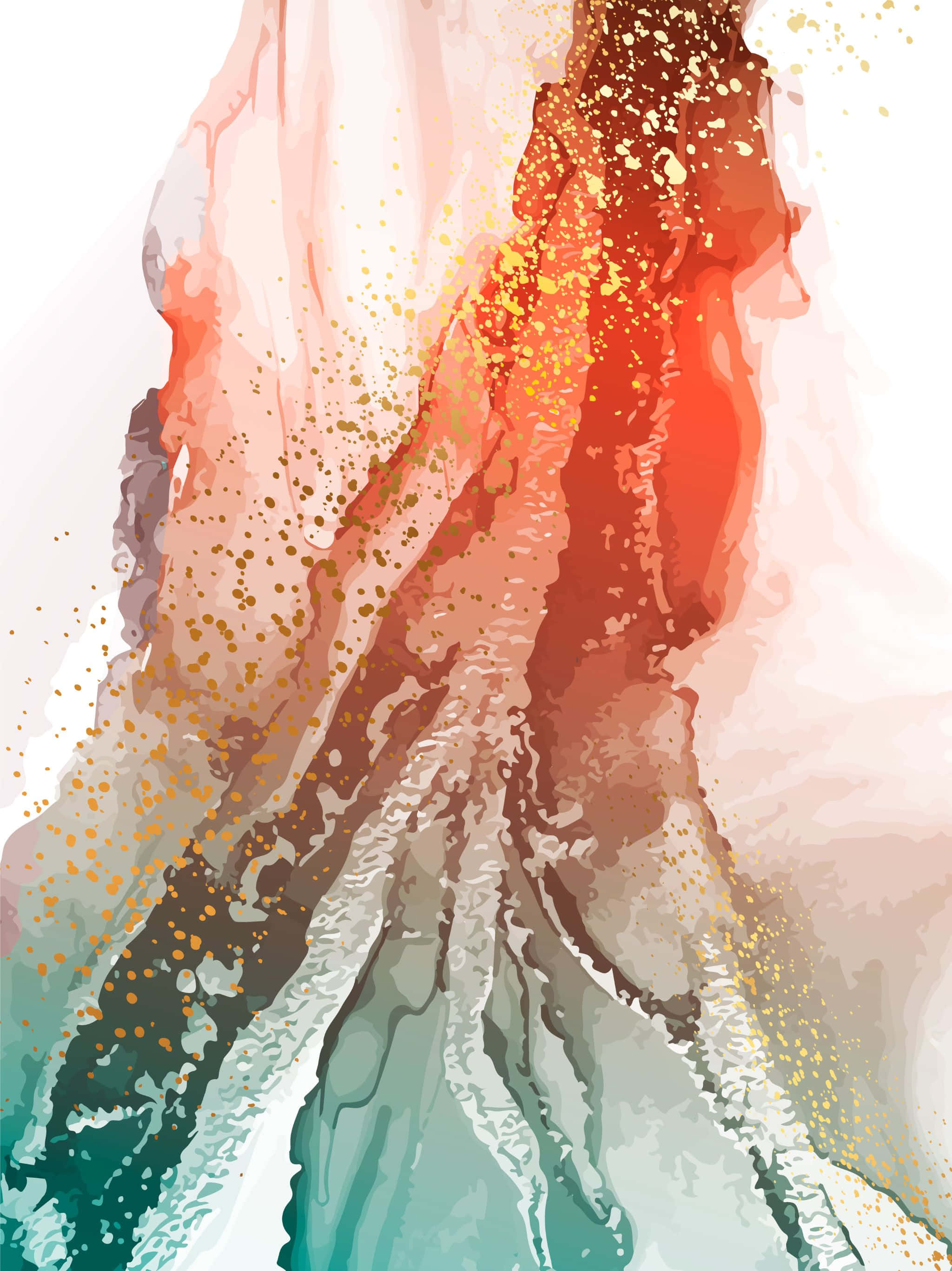 2048x2732 桌布 壁紙 — 充滿活力的抽象藝術品，帶有珊瑚、蜜桃、金色和藍綠色的流動漸變，並在柔和的白色背景上點綴閃爍的金色亮片。