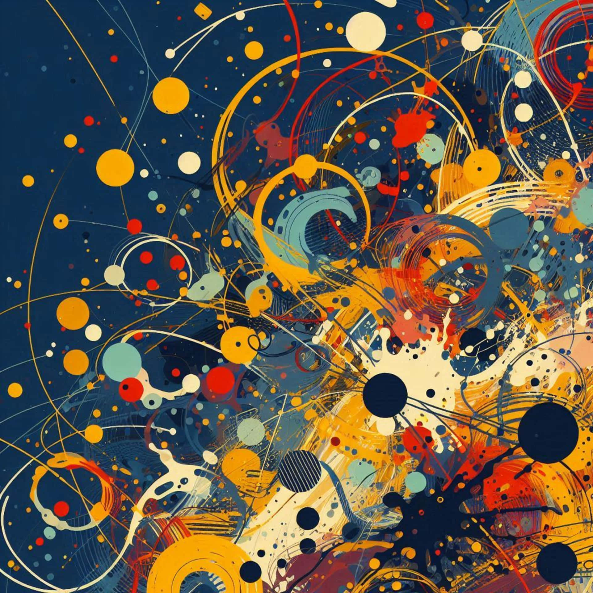 abstract vector background 壁紙 — 充滿活力的抽象藝術品在深藍色背景上爆發出旋轉的線條、飛濺和圓圈。