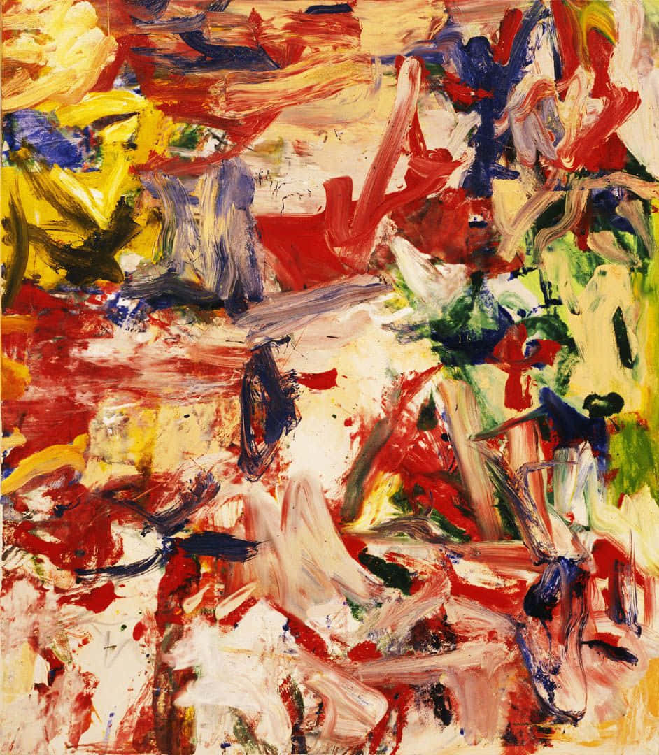 Abstract Expressionism 桌布 壁紙 — 充滿活力的抽象表現主義繪畫，大膽的紅色、黃色、藍色和綠色筆觸層疊在帶有紋理的白色畫布上。