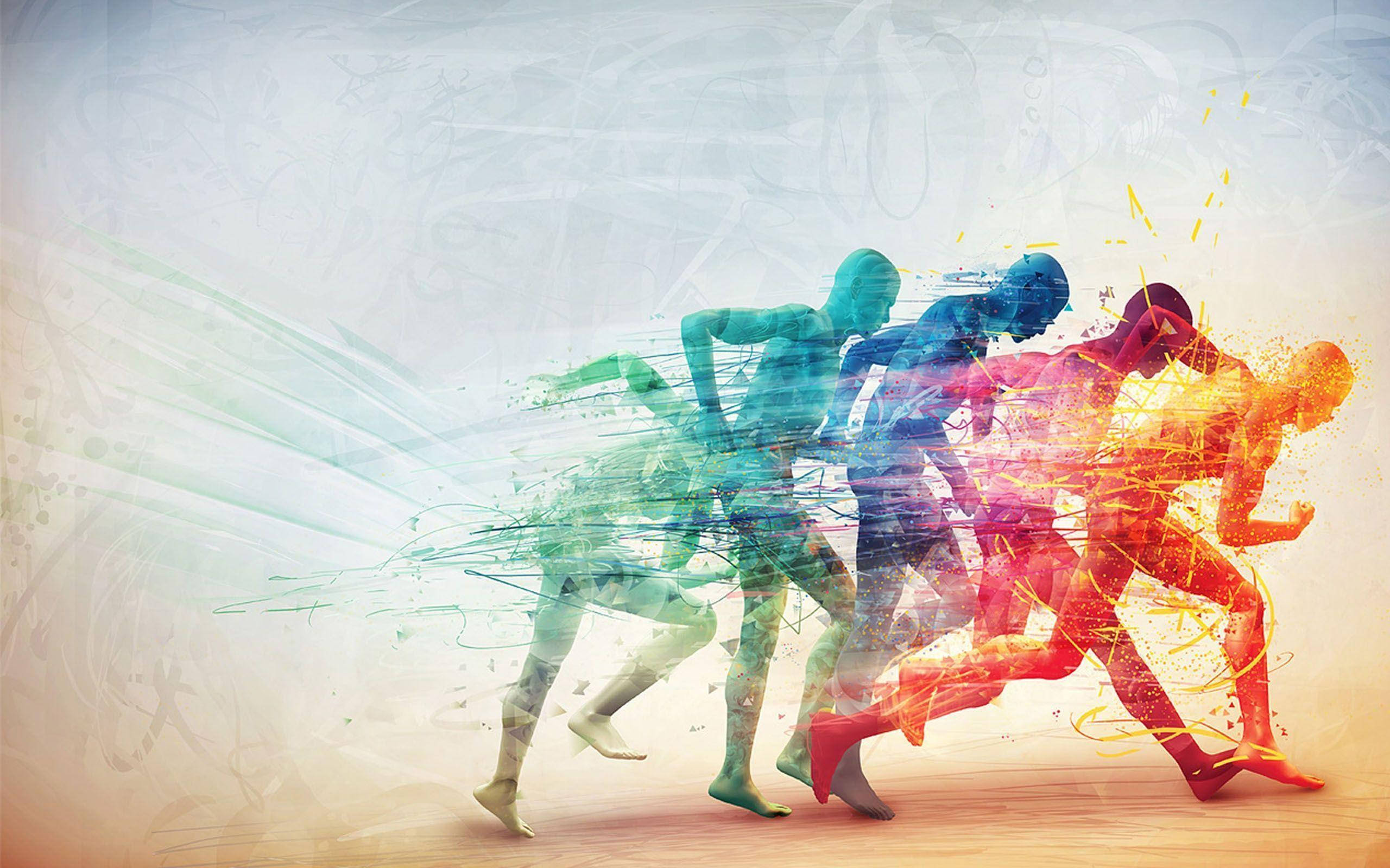 運動 桌布 壁紙 — 充滿活力的抽象跑者以彩虹漸層的動態模糊和能量飛濺向前衝刺。