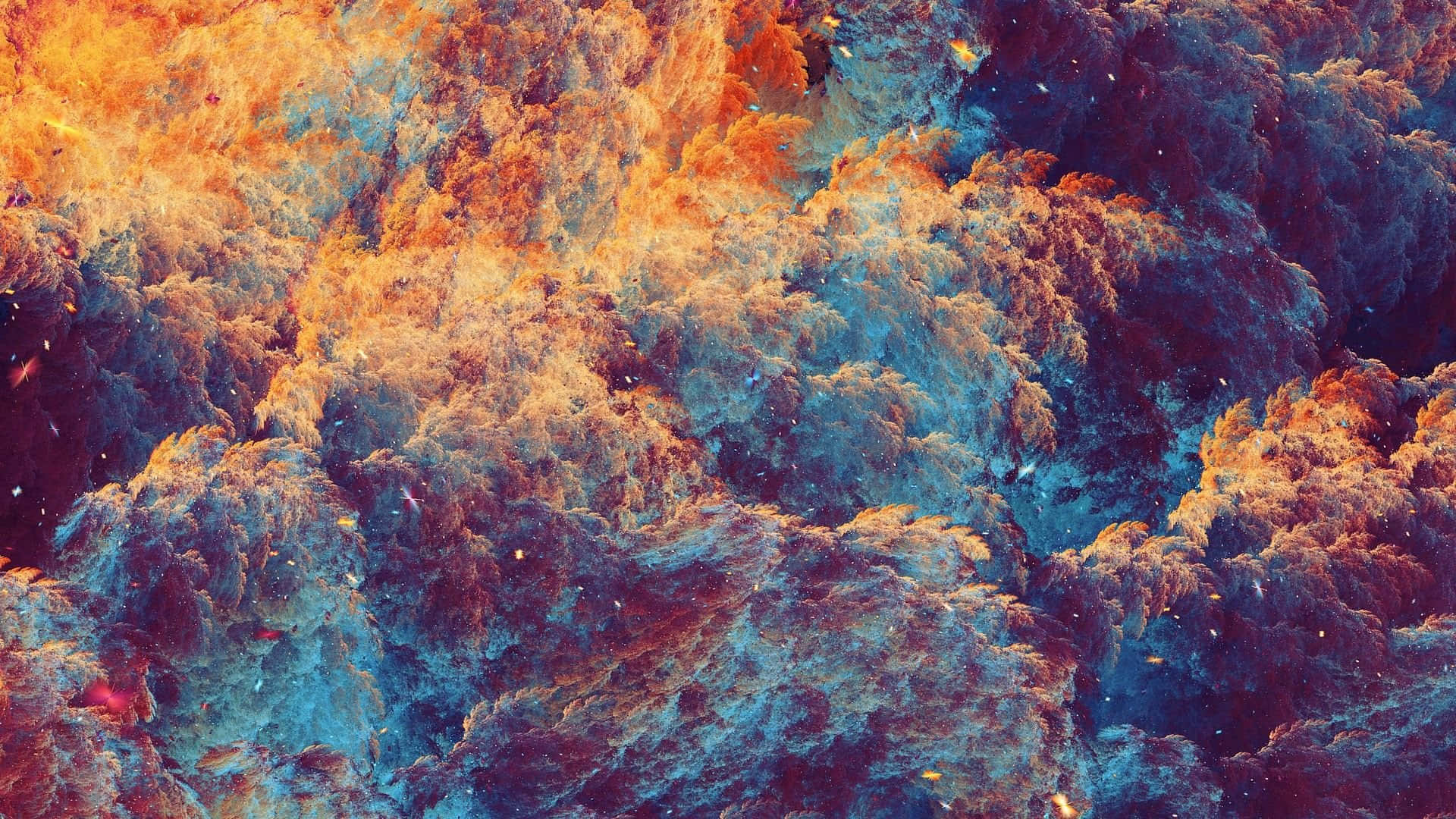 雲朵 桌布 壁紙 — 充滿活力的抽象雲朵在火橙色和冷青色中旋轉，發光粒子在紋理結構中飄動。