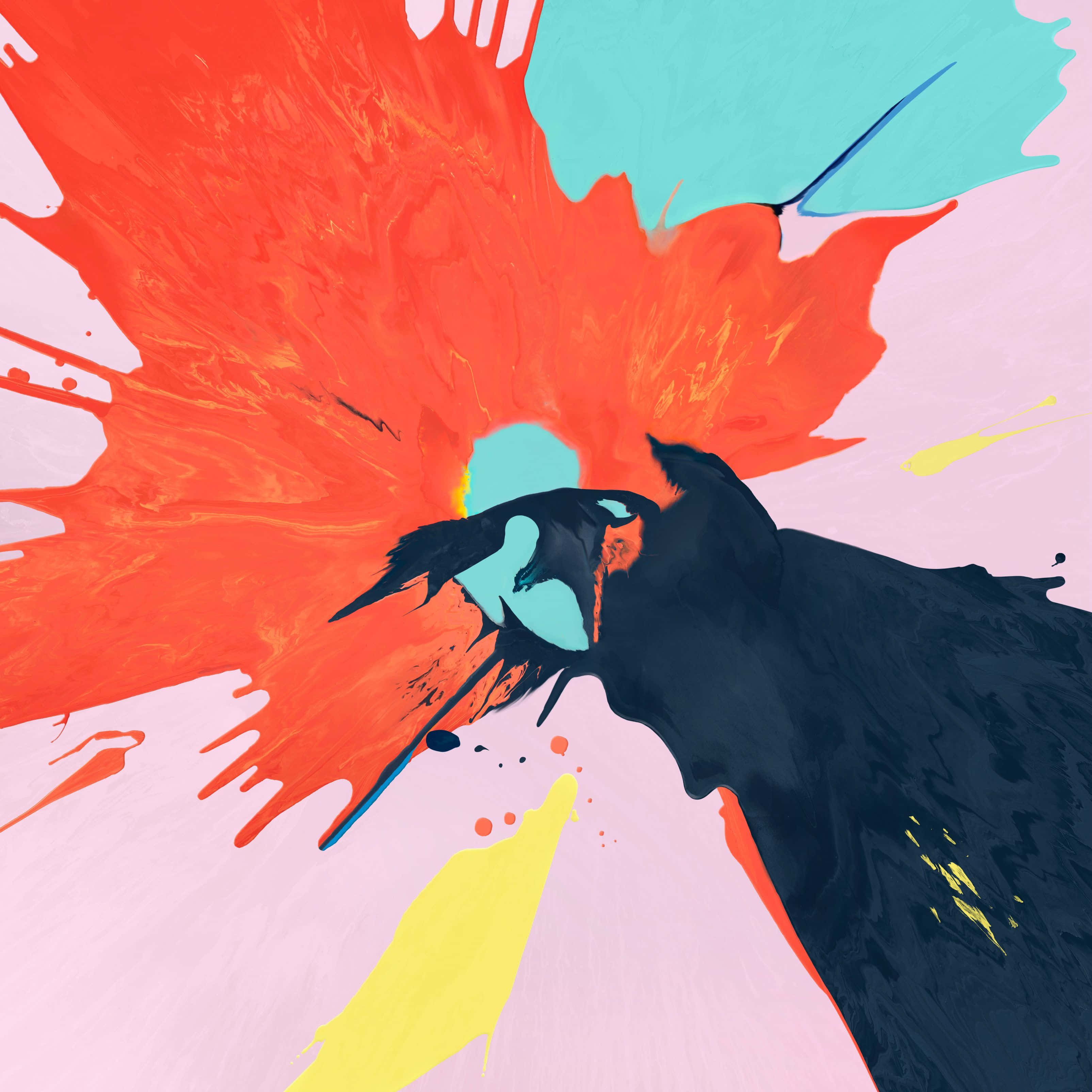 Paint Splash 桌布 壁紙 — 充滿活力的抽象顏料噴濺在柔和的粉紅色背景上爆炸成火熱的橙色、藍綠色和黑色。