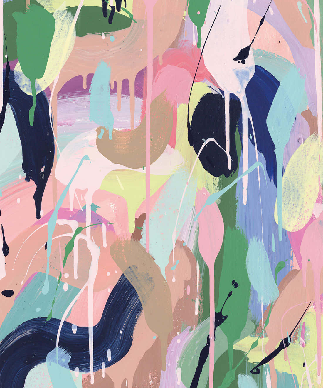 Expressionist 桌布 壁紙 — 充滿活力的抽象顏料滴落和飛濺，採用粉紅、藍綠、綠色和海軍藍等柔和色調，營造出動感十足的紋理牆壁藝術品。