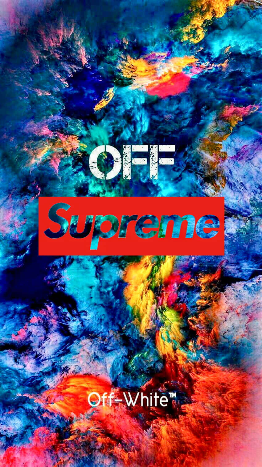 桌布 壁紙 — 充滿活力的抽象顏料潑濺背景，中央放置 Off White Supreme 標誌，採用大膽的紅色和白色。